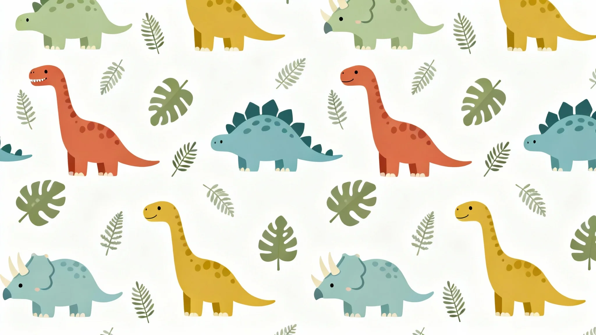 A seamless pattern featuring cute, cartoon-style dinosaurs in muted greens, blues, and oranges on a clean white background.