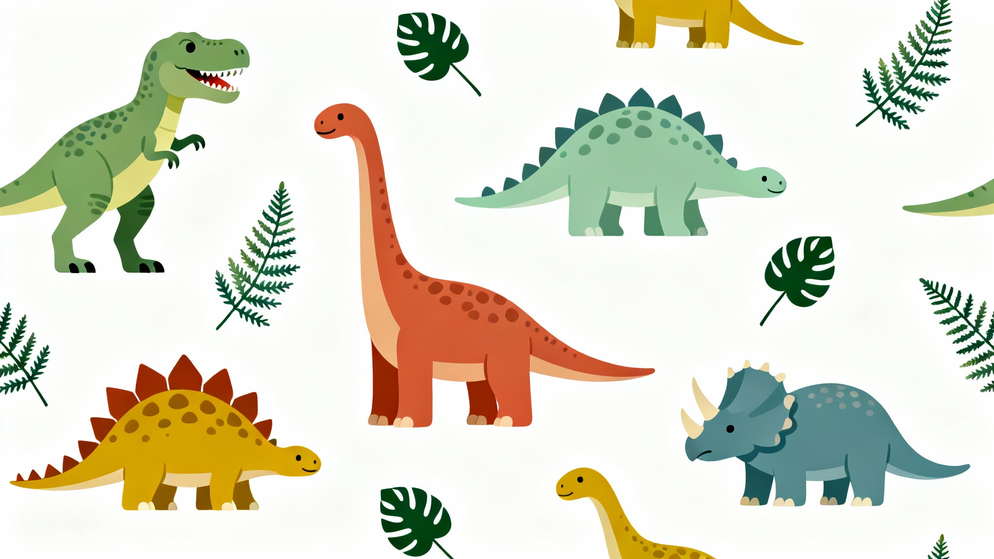 A seamless pattern mockup featuring cute, cartoon-style dinosaurs and tropical leaves in a modern color palette on a white background.