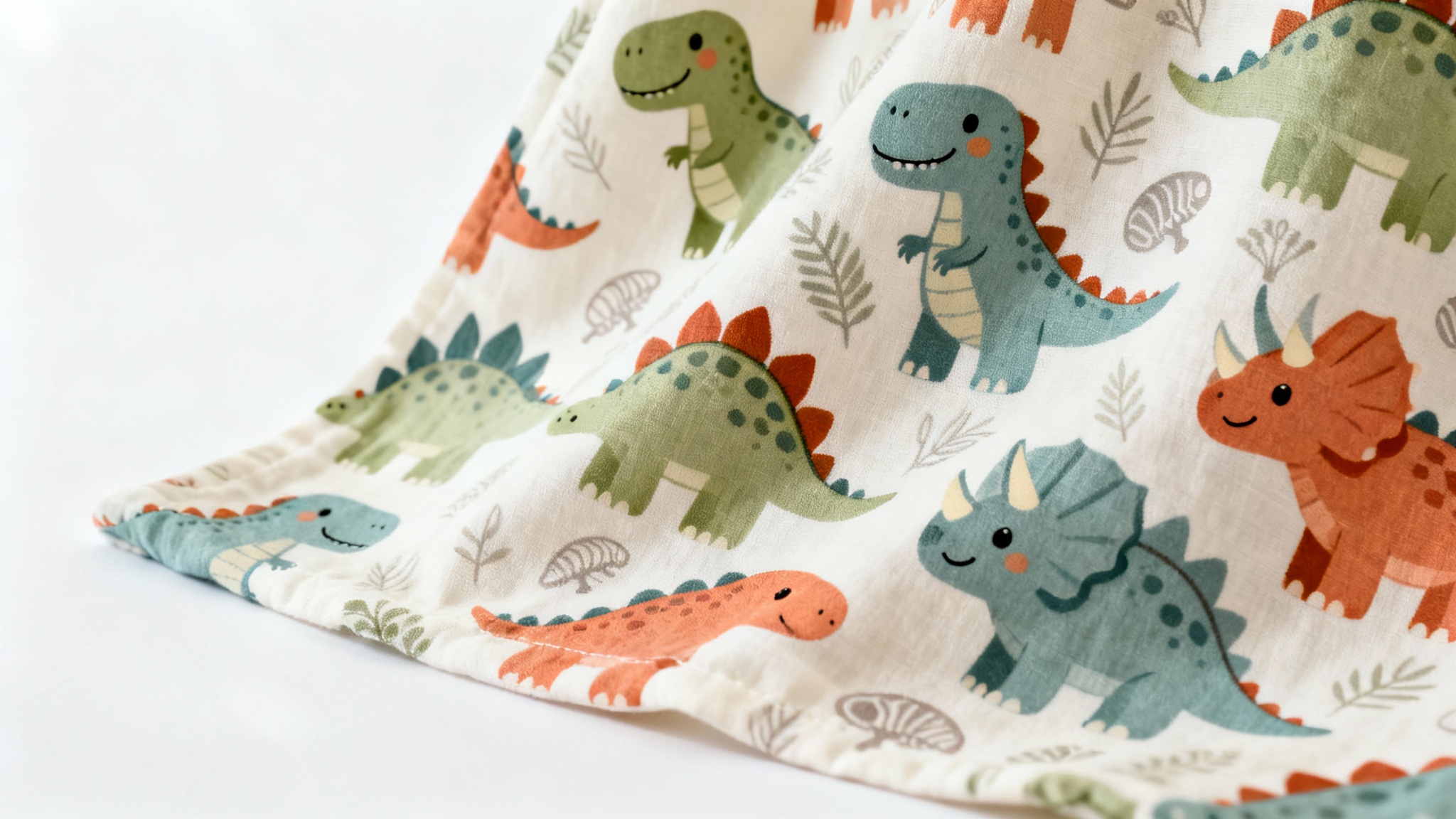 A mockup of a fabric swatch with a cute, seamless dinosaur pattern in pastel colors, draped against a plain white background.