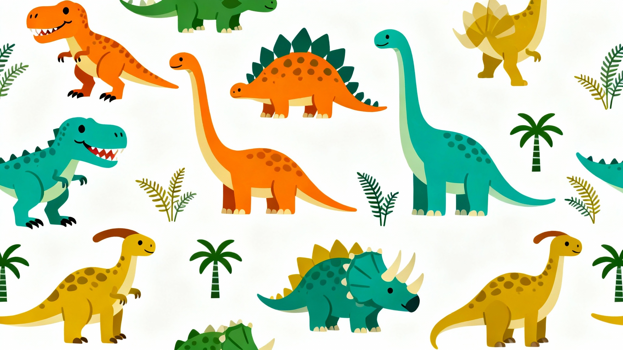 A colorful and fun seamless pattern with cute cartoon dinosaurs, including a T-Rex and Stegosaurus, along with tropical plants, displayed on a flat white surface.
