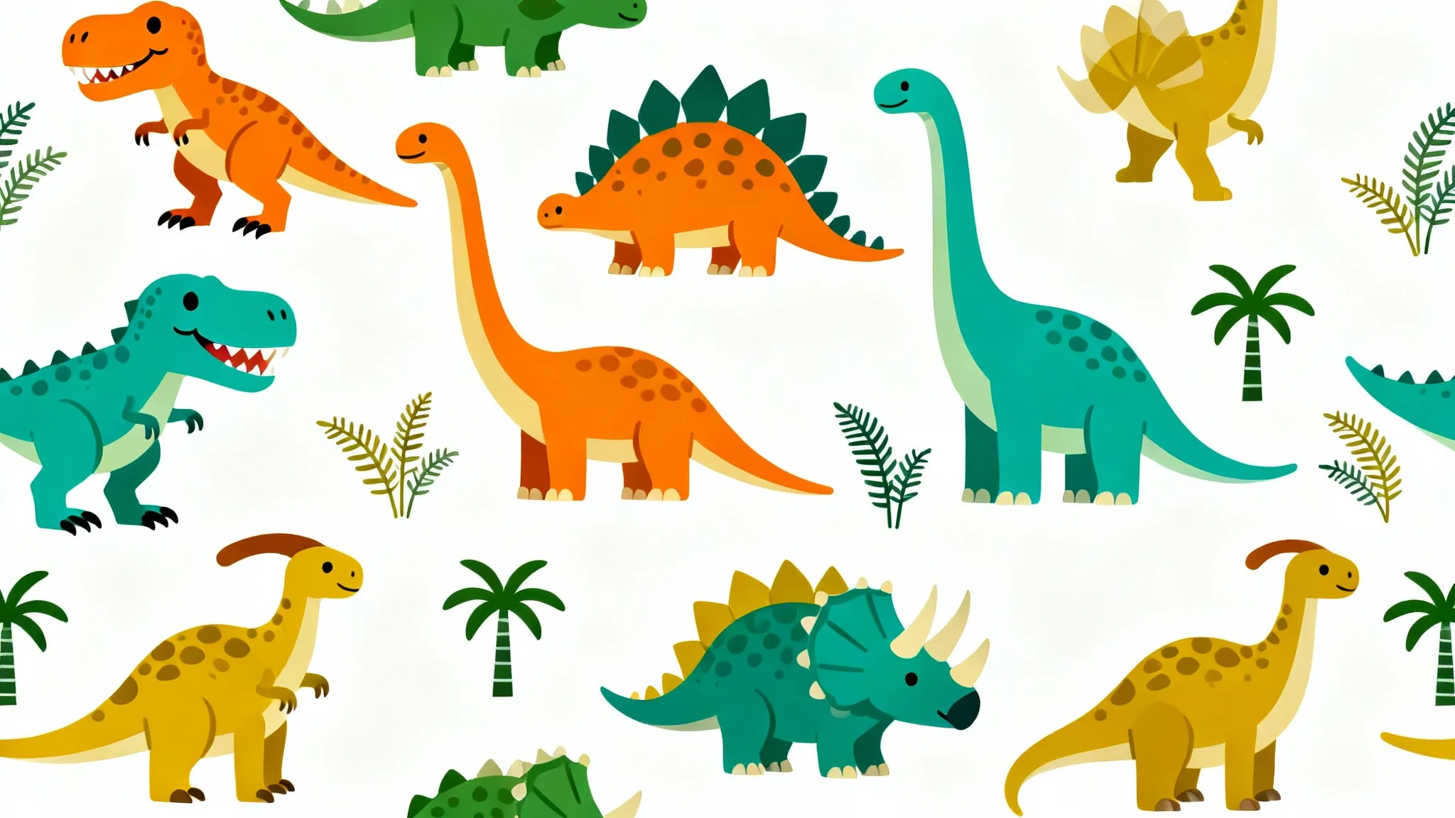 A colorful and fun seamless pattern with cute cartoon dinosaurs, including a T-Rex and Stegosaurus, along with tropical plants, displayed on a flat white surface.