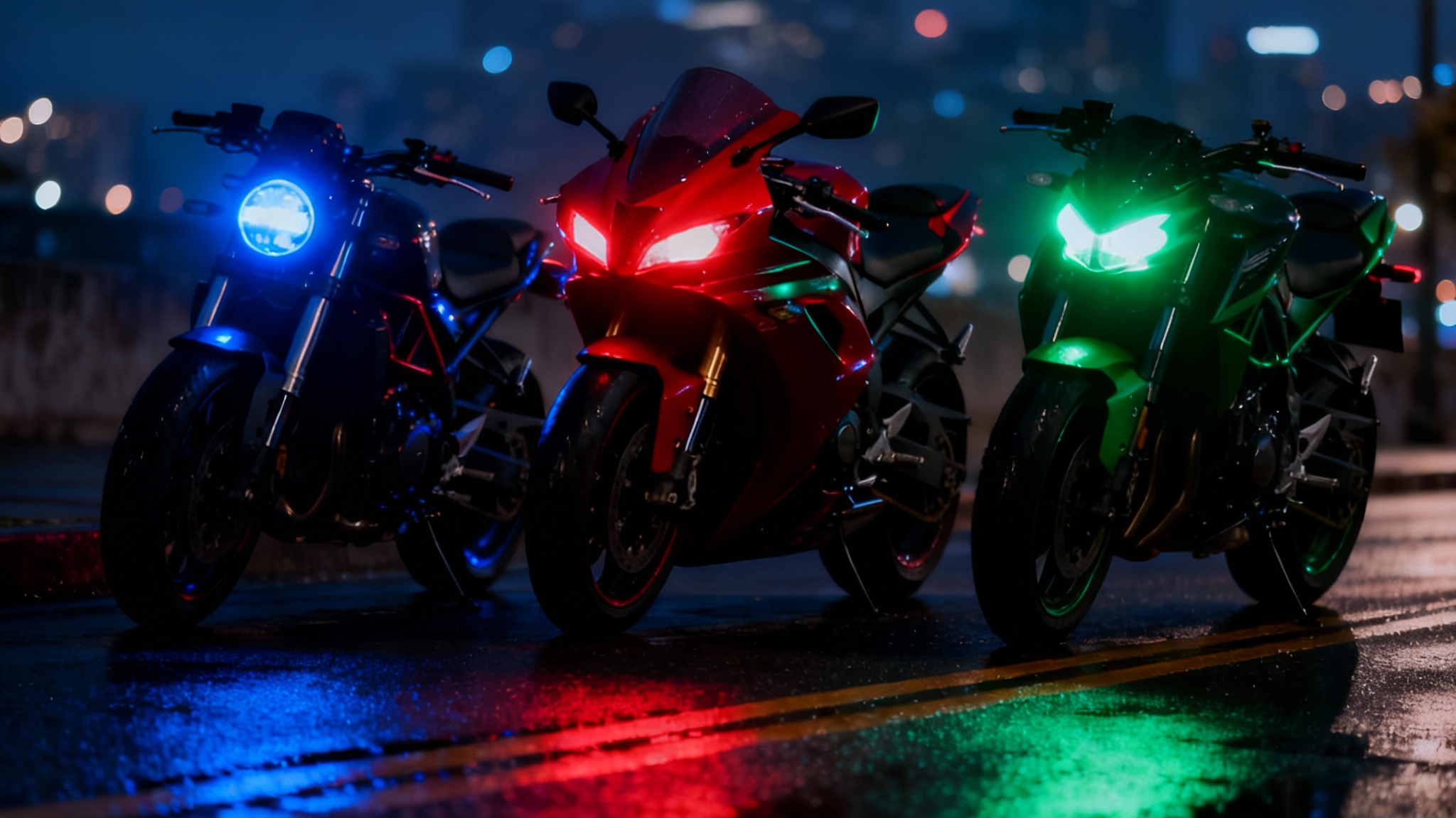 A lineup of three powerful motorcycles at night in a city, showcasing the result of a headlight color change tool: one with glowing blue headlights, one with intense red, and one with vibrant green.