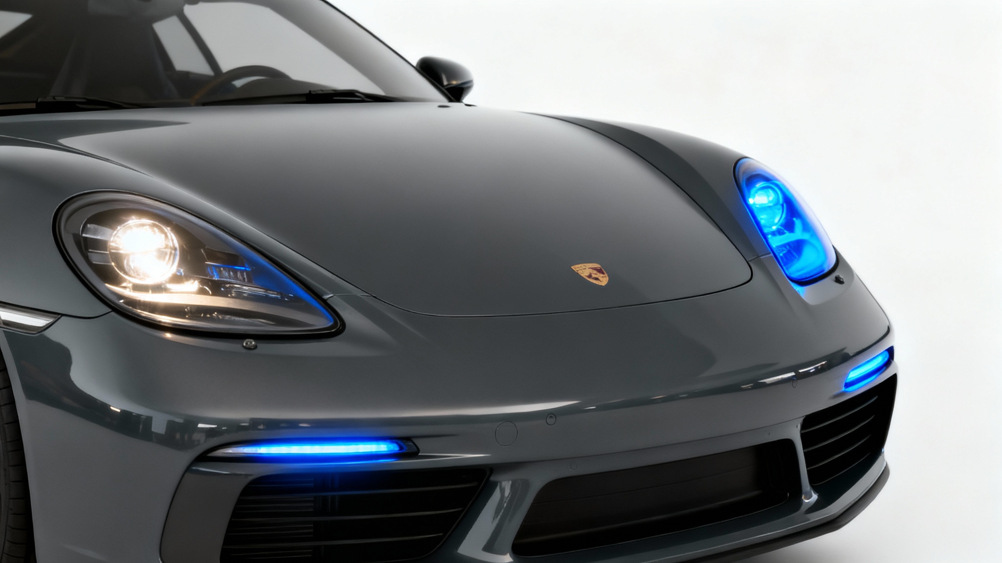 A close-up of a modern sports car's front, showing a side-by-side comparison of a standard white headlight and a custom, vibrant blue headlight.