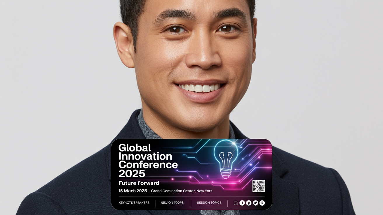 A professionally designed conference banner for the 'Global Innovation Conference 2025', displayed as a final digital mockup. The banner has a futuristic theme with vibrant blue and purple gradients and includes the event title, date, location, and a QR code.