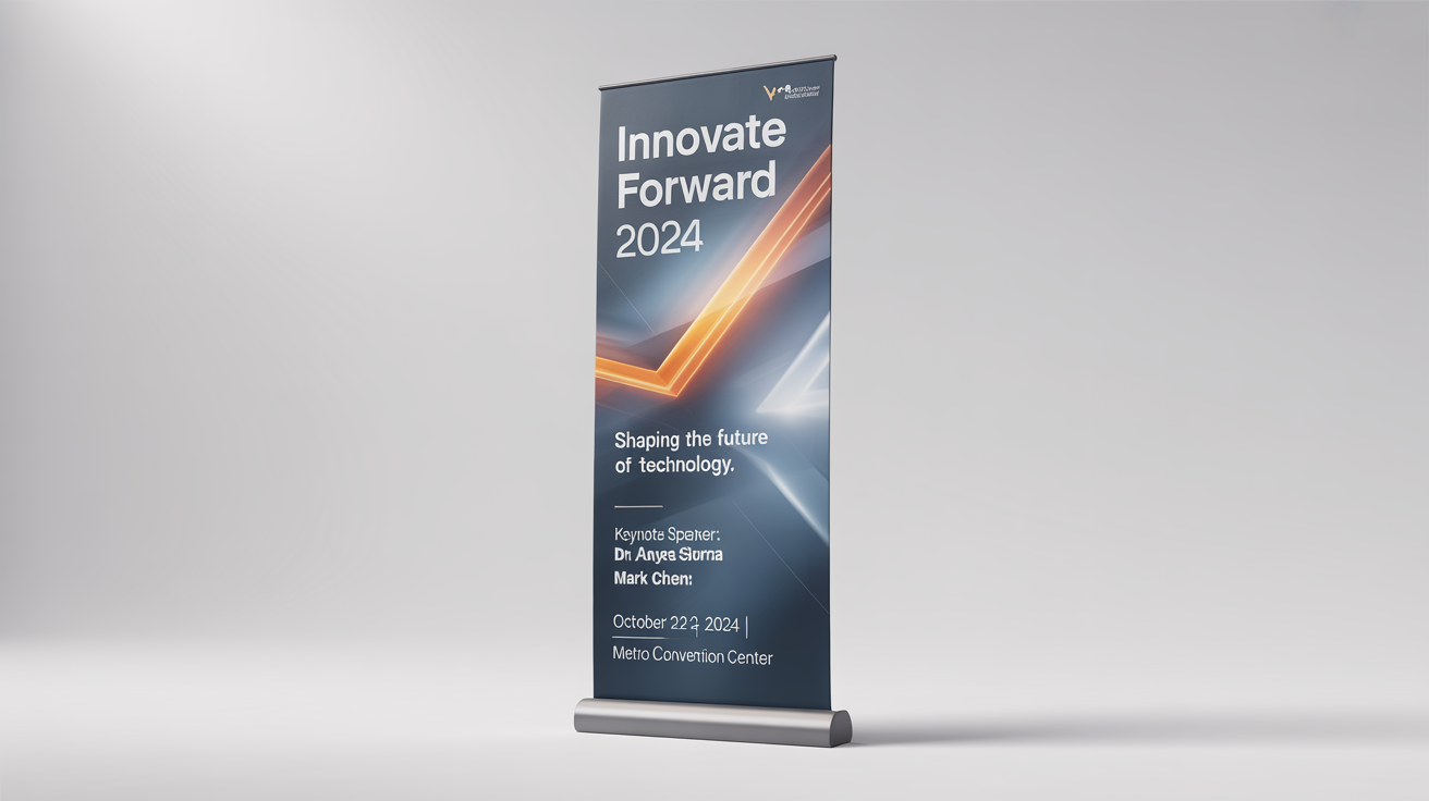 A professional roll-up banner mockup for the 'Innovate Forward 2024' technology conference, showcasing the event title, speakers, and date on a modern blue and orange design, set against a plain white background.