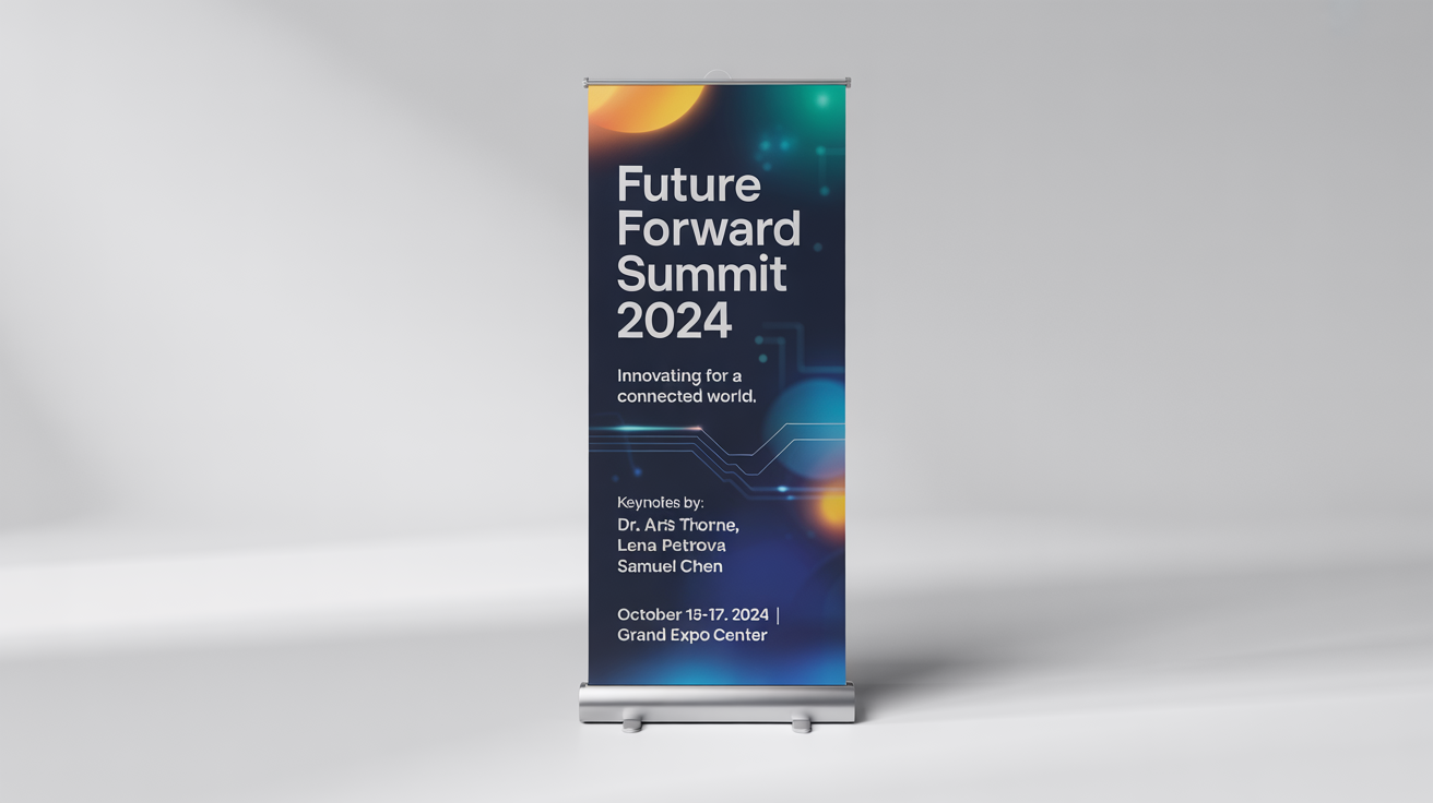 A modern, professional roll-up conference banner for the 'Future Forward Summit 2024', featuring a blue and orange design and presented as a mockup against a white background.