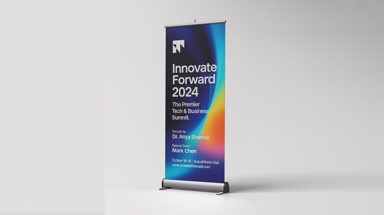 A professional mockup of a tall conference banner on a stand against a white background. The banner is for a tech summit called 'Innovate Forward 2024' and features a modern blue and orange design.