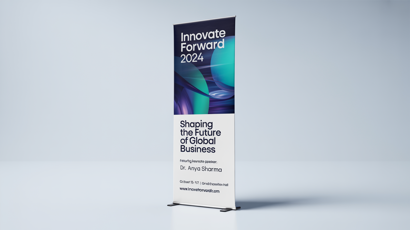 A professional mockup of a roll-up banner for a business conference titled 'INNOVATE FORWARD 2024', set against a clean white background.