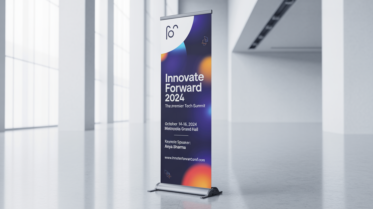 A photorealistic mockup of a professional vertical roll-up banner for a tech conference named 'Innovate Forward 2024', displayed against a clean white background.
