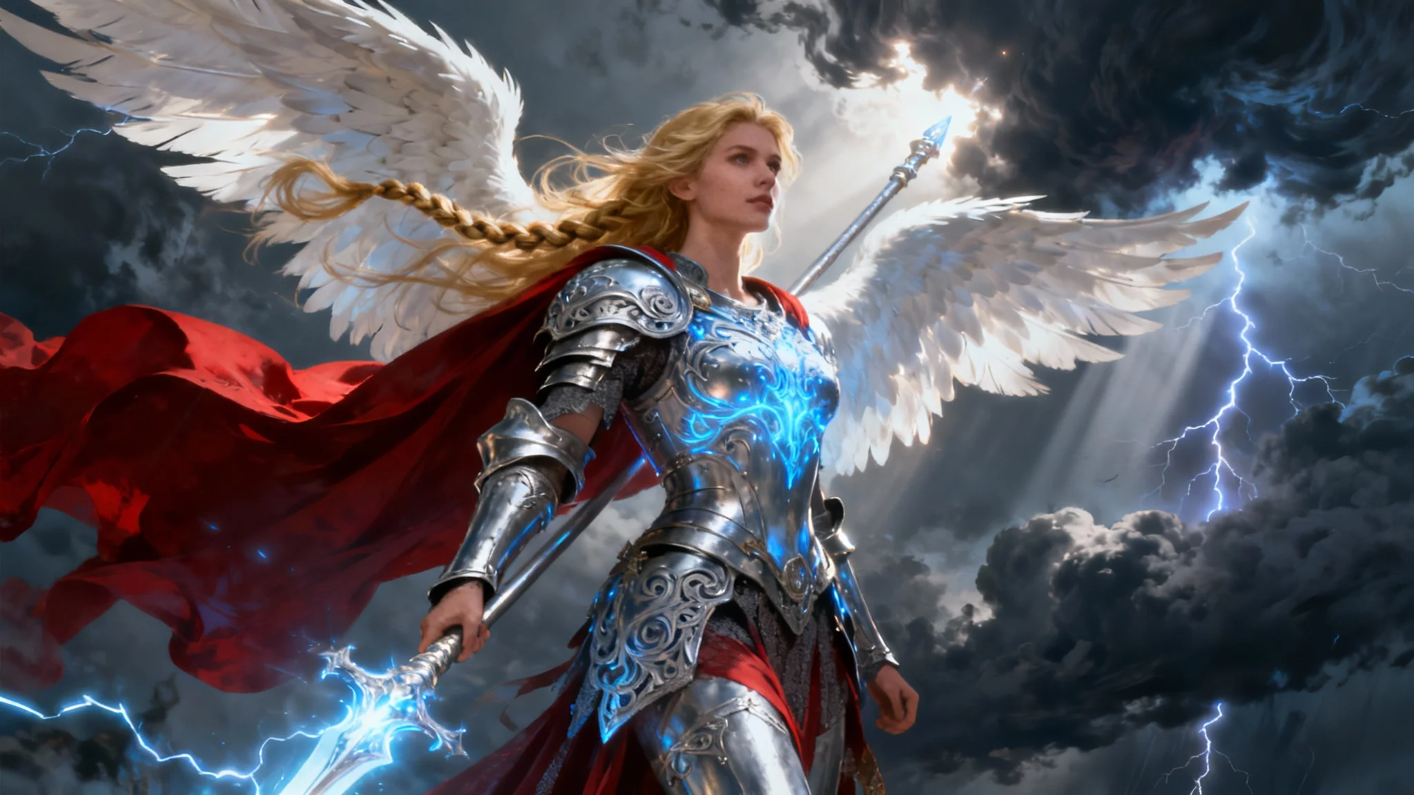 A stunning digital painting of a powerful Valkyrie in ornate silver armor, holding a glowing spear against a dramatic stormy sky, her majestic white wings spread wide.