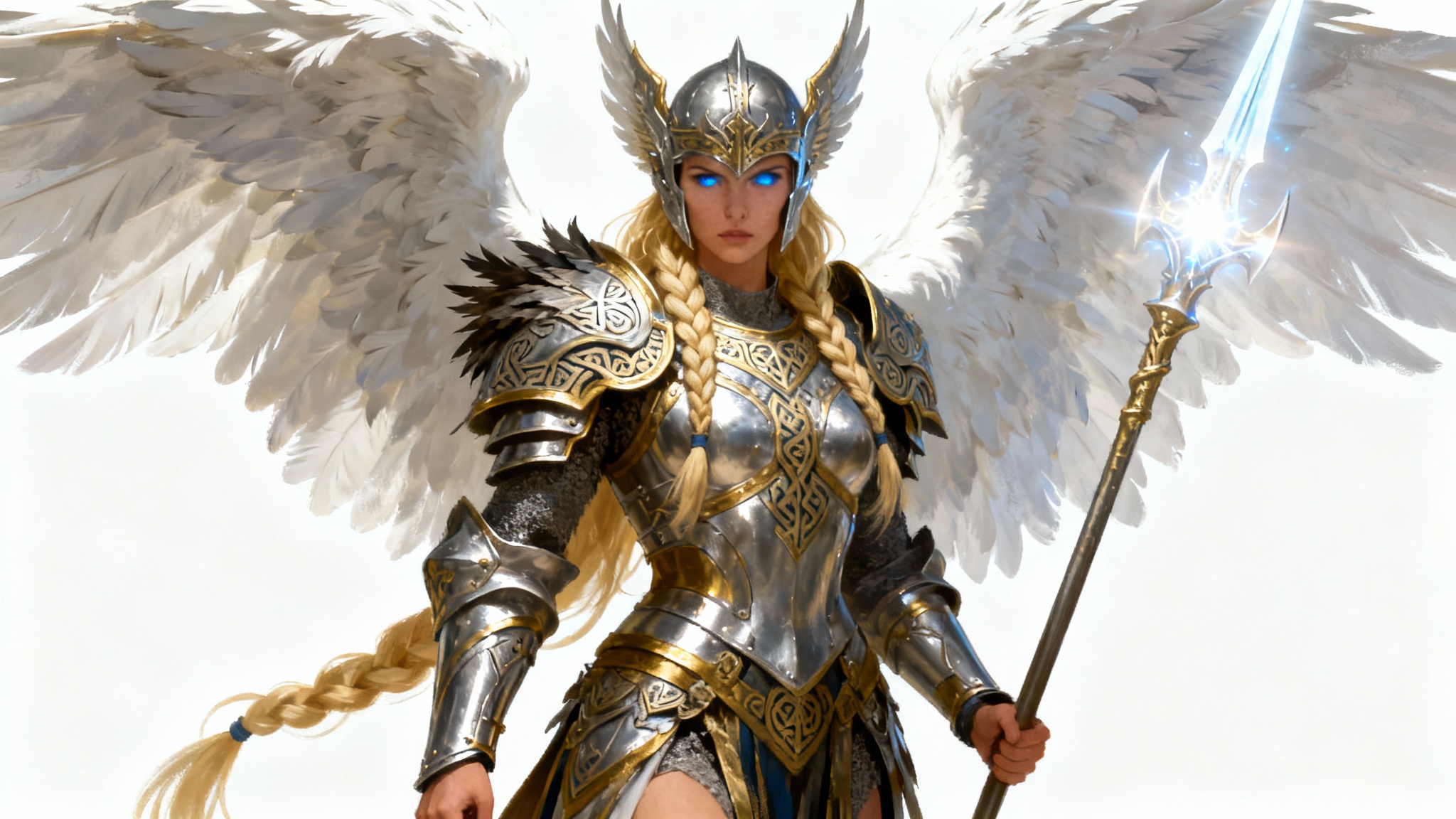 A full-body digital painting of a powerful Valkyrie warrior in ornate silver and gold armor, holding a glowing spear with her large white wings spread wide, set against a plain white background.