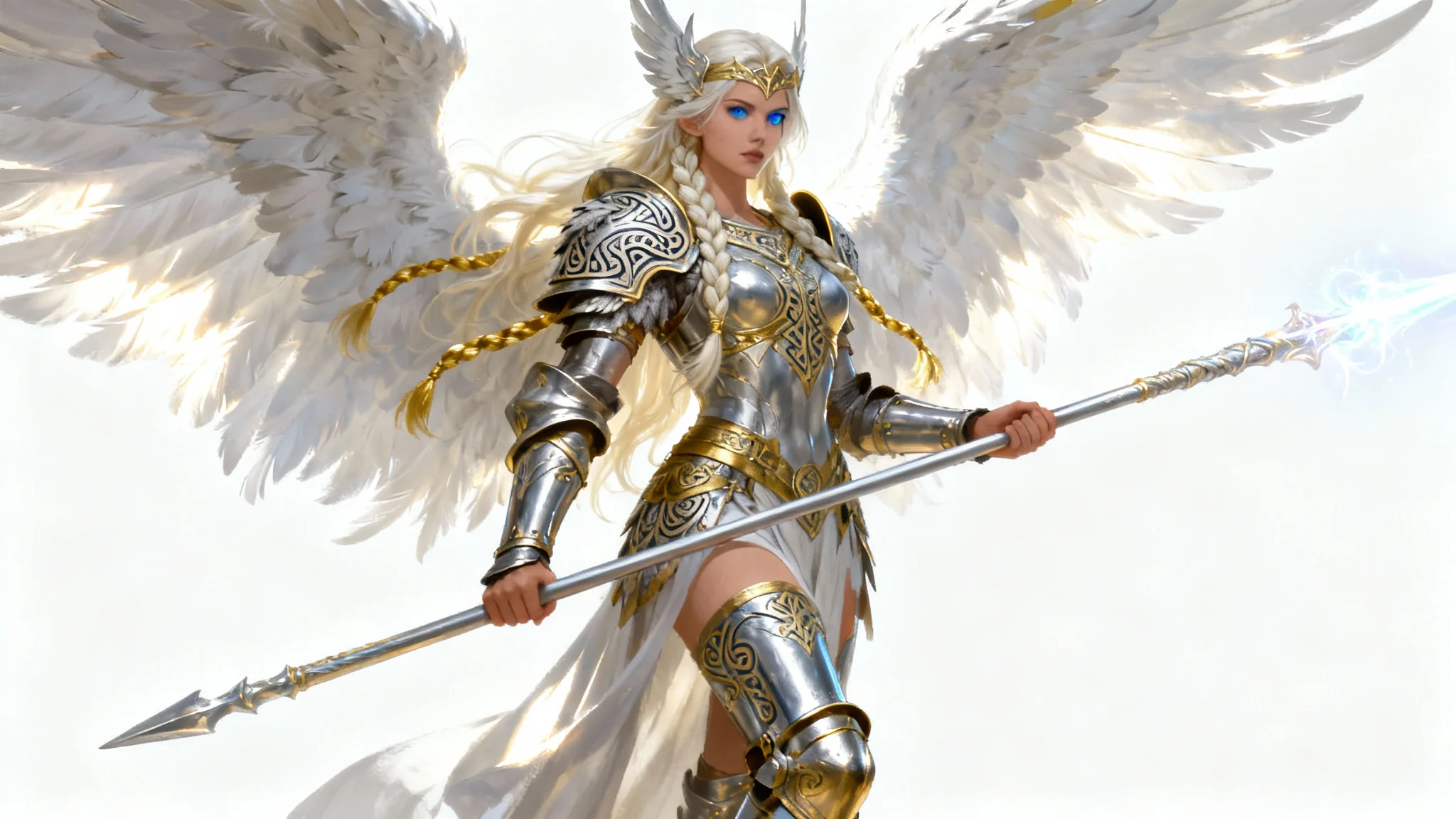 A full-body digital painting of a powerful Valkyrie warrior with large white wings and ornate silver and gold armor, holding a glowing spear against a plain white background.