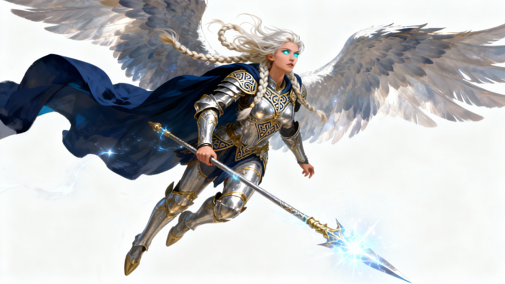 Full-body concept art of a powerful Valkyrie warrior in ornate silver and gold armor, holding a glowing spear with large, feathered wings, isolated on a white background.