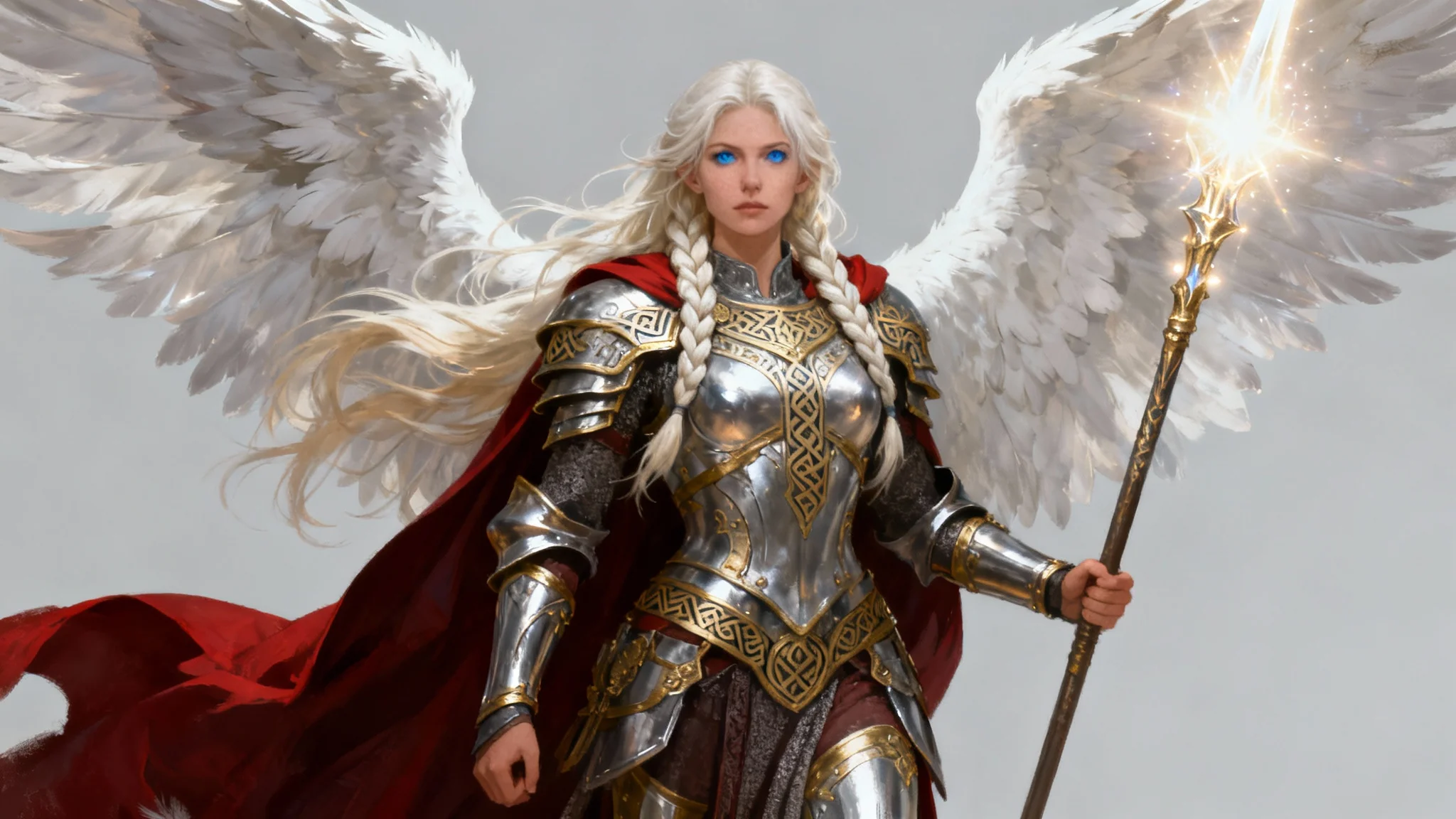A full-body digital painting of a majestic Valkyrie character in ornate armor with large white wings, holding a glowing spear against a plain light gray background.