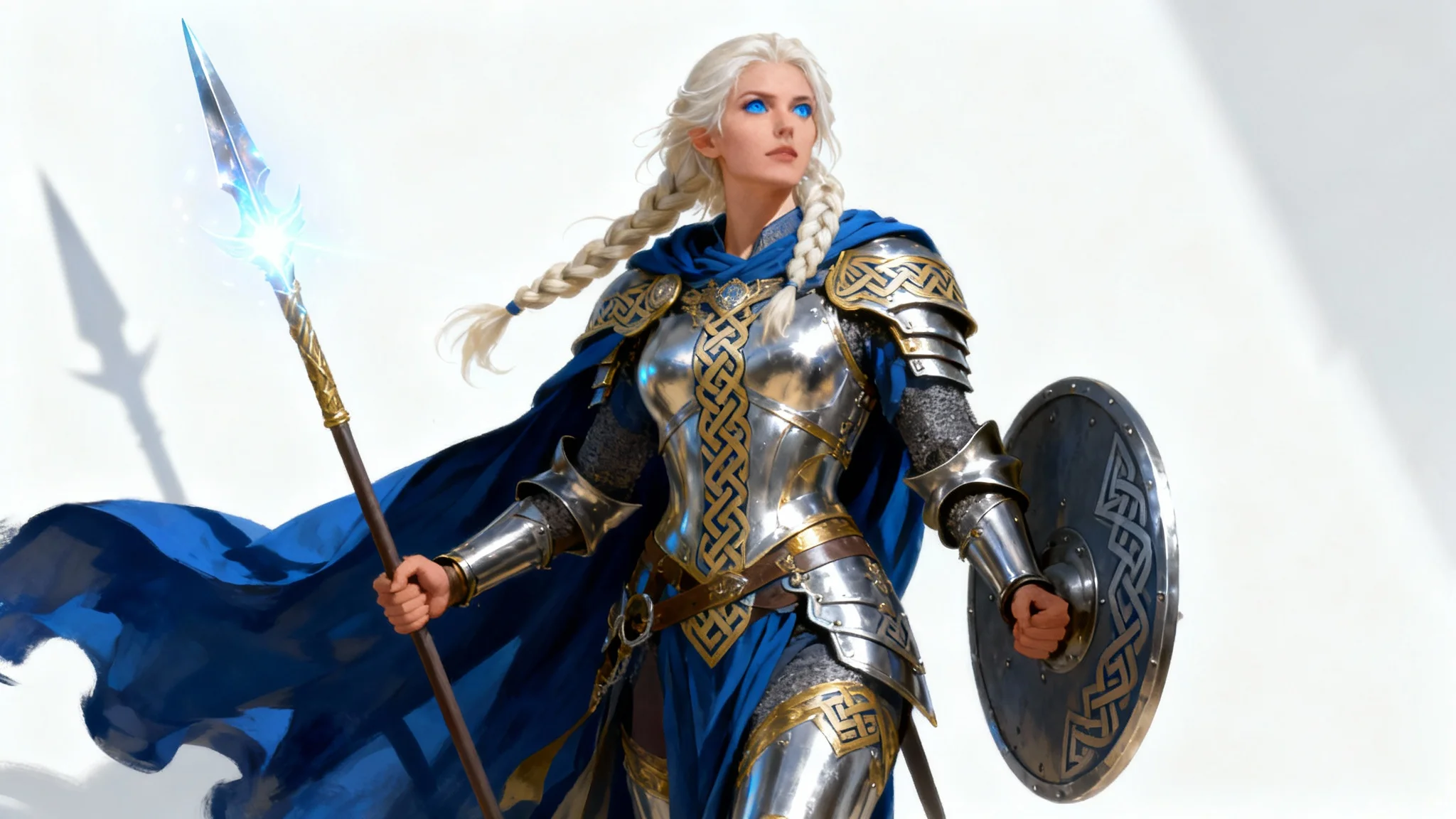 A full-body digital painting of a powerful Valkyrie warrior in ornate silver and gold armor, holding a spear and shield against a plain white background.