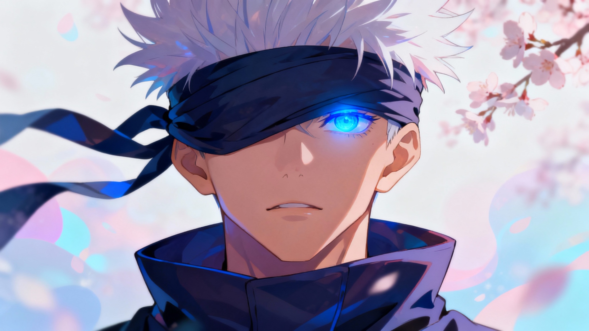 An aesthetic 16:9 desktop wallpaper of Gojo Satoru from Jujutsu Kaisen, with his blue eyes glowing and a dreamy pastel background.