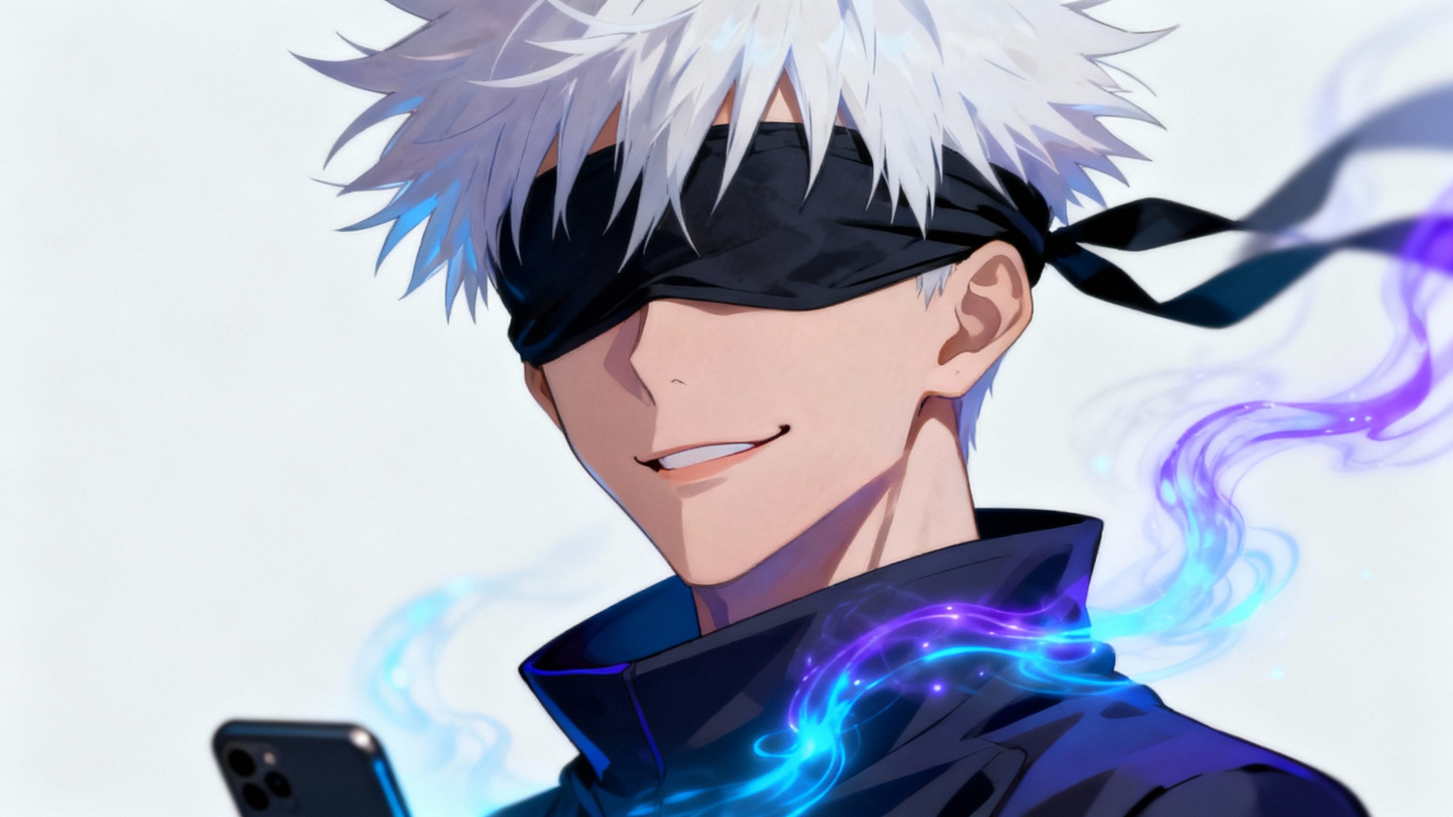An aesthetic digital art wallpaper showing a close-up of Satoru Gojo from Jujutsu Kaisen with his white hair and black blindfold, surrounded by a soft blue and purple glow on a minimalist background.