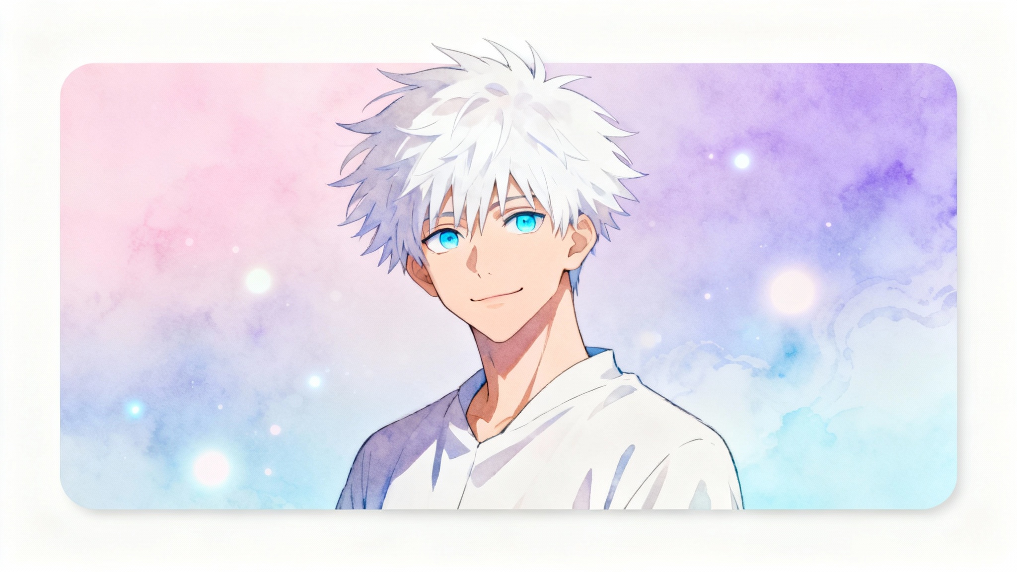 An aesthetic phone wallpaper of the anime character Satoru Gojo, featuring his white hair and blue eyes against a dreamy pastel background.