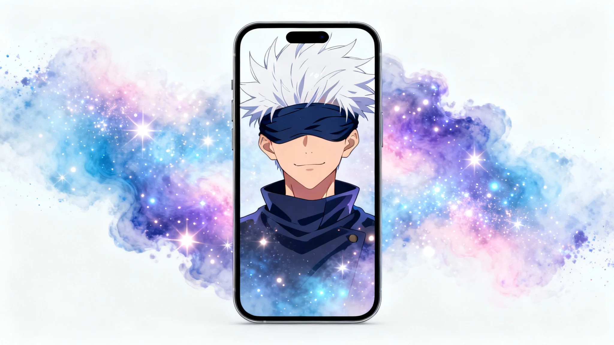 Aesthetic phone wallpaper of Satoru Gojo from Jujutsu Kaisen, depicted in a cinematic style with a dreamy, celestial background of blues and purples. Mockup on a white background.
