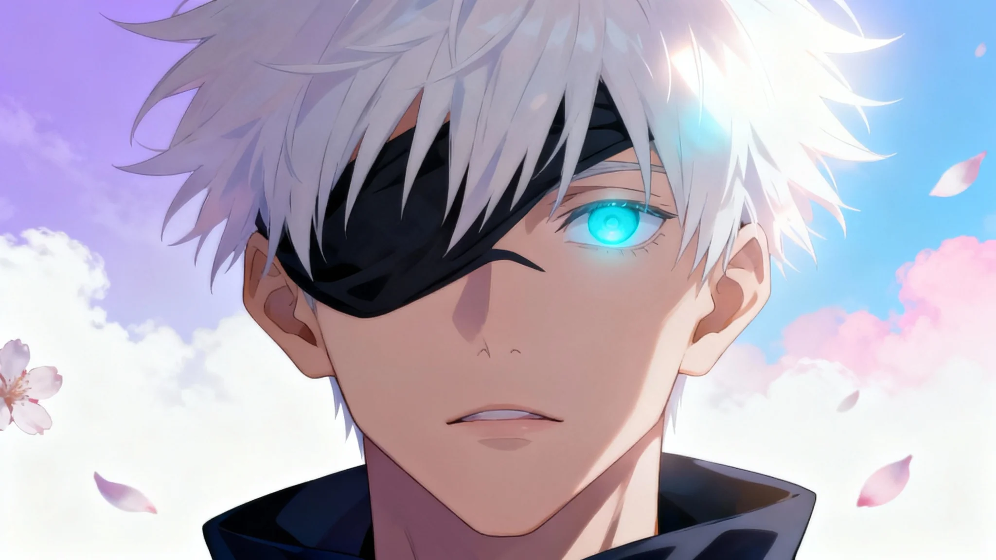 An aesthetic wallpaper mockup of Gojo Satoru, showing a dreamy close-up portrait with one glowing blue eye revealed, set against a pastel gradient background with floating cherry blossom petals. The design is displayed on a white background.