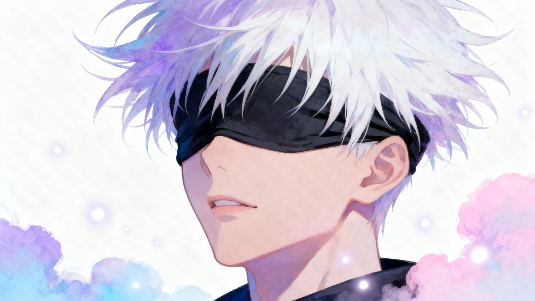An aesthetic digital painting of Satoru Gojo from Jujutsu Kaisen. He is shown from the shoulders up, with his iconic white hair and black blindfold. The background is a soft, abstract blend of pastel purple, pink, and blue, with glowing particles floating around him, creating a dreamy mood.