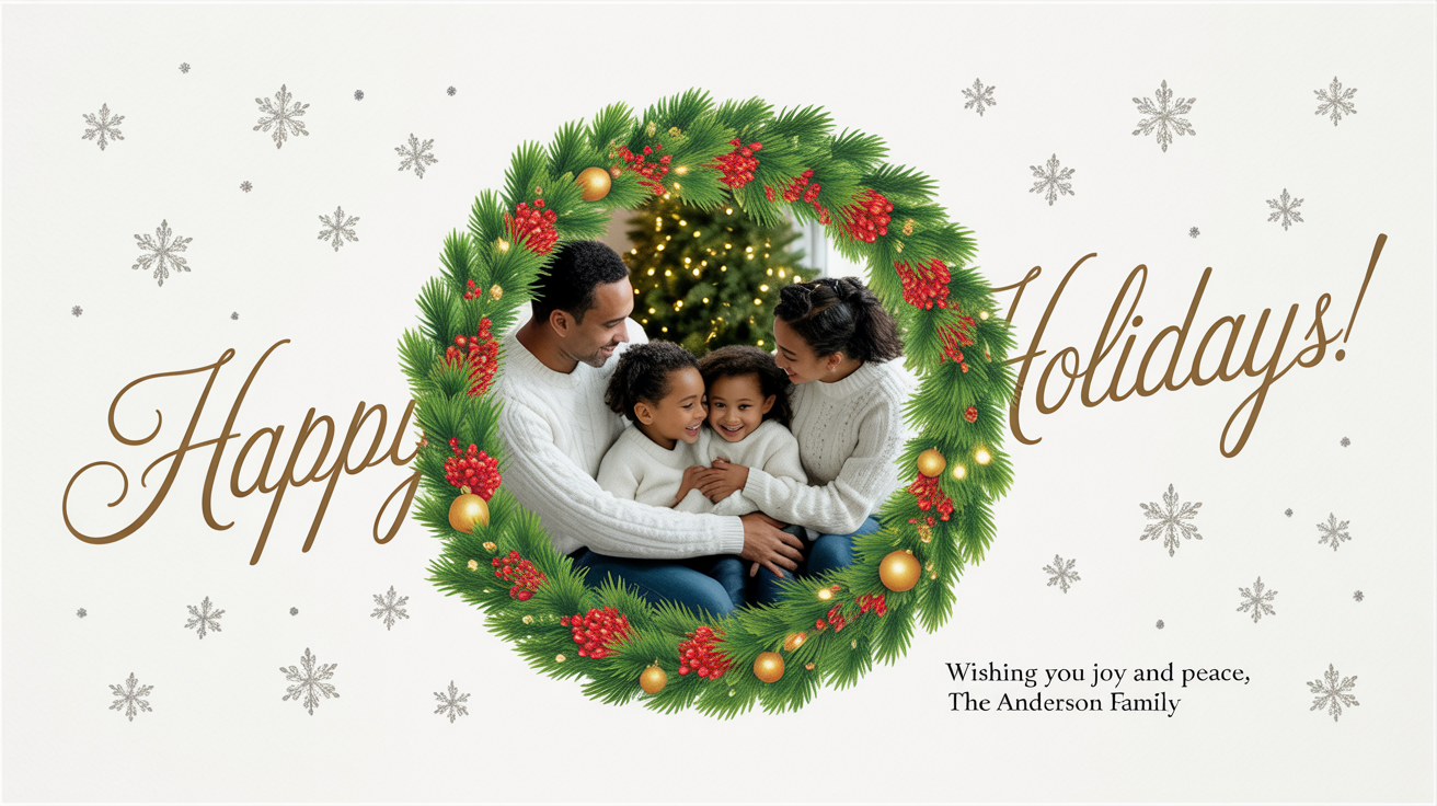 A finished holiday card showing a snowy background with a pine wreath framing a photo of a smiling family. Gold text reads 'Happy Holidays!' above and a personal message from 'The Anderson Family' below.