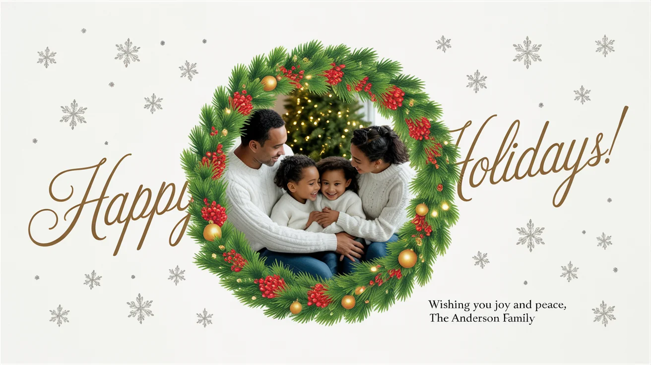 A finished holiday card showing a snowy background with a pine wreath framing a photo of a smiling family. Gold text reads 'Happy Holidays!' above and a personal message from 'The Anderson Family' below.
