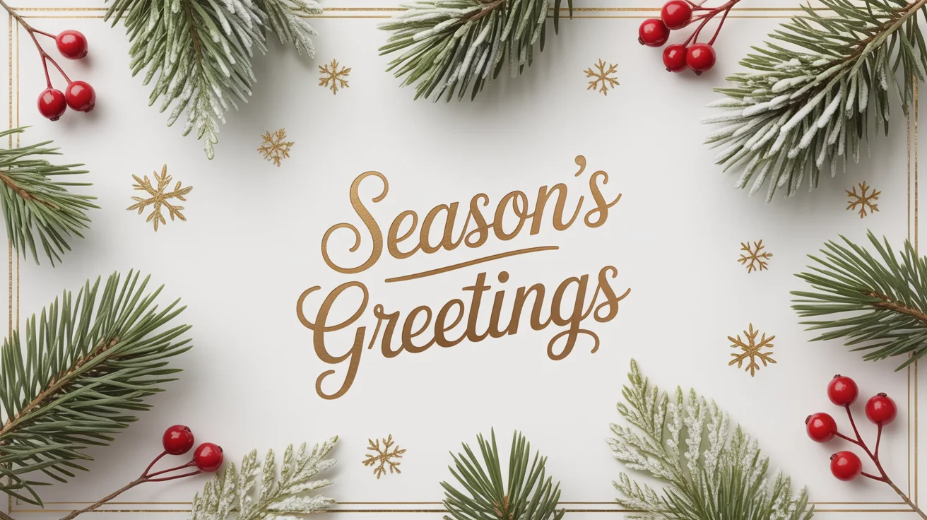 A festive holiday card background mockup showing pine branches, red berries, and gold snowflakes on a white background, with the text 'Season's Greetings' in gold cursive in the center.