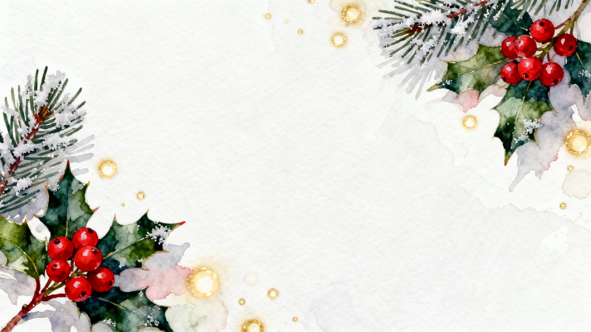 A festive holiday card background design shown in a flat lay style on a white surface, featuring watercolor textures, holly, pine needles, and soft golden lights.