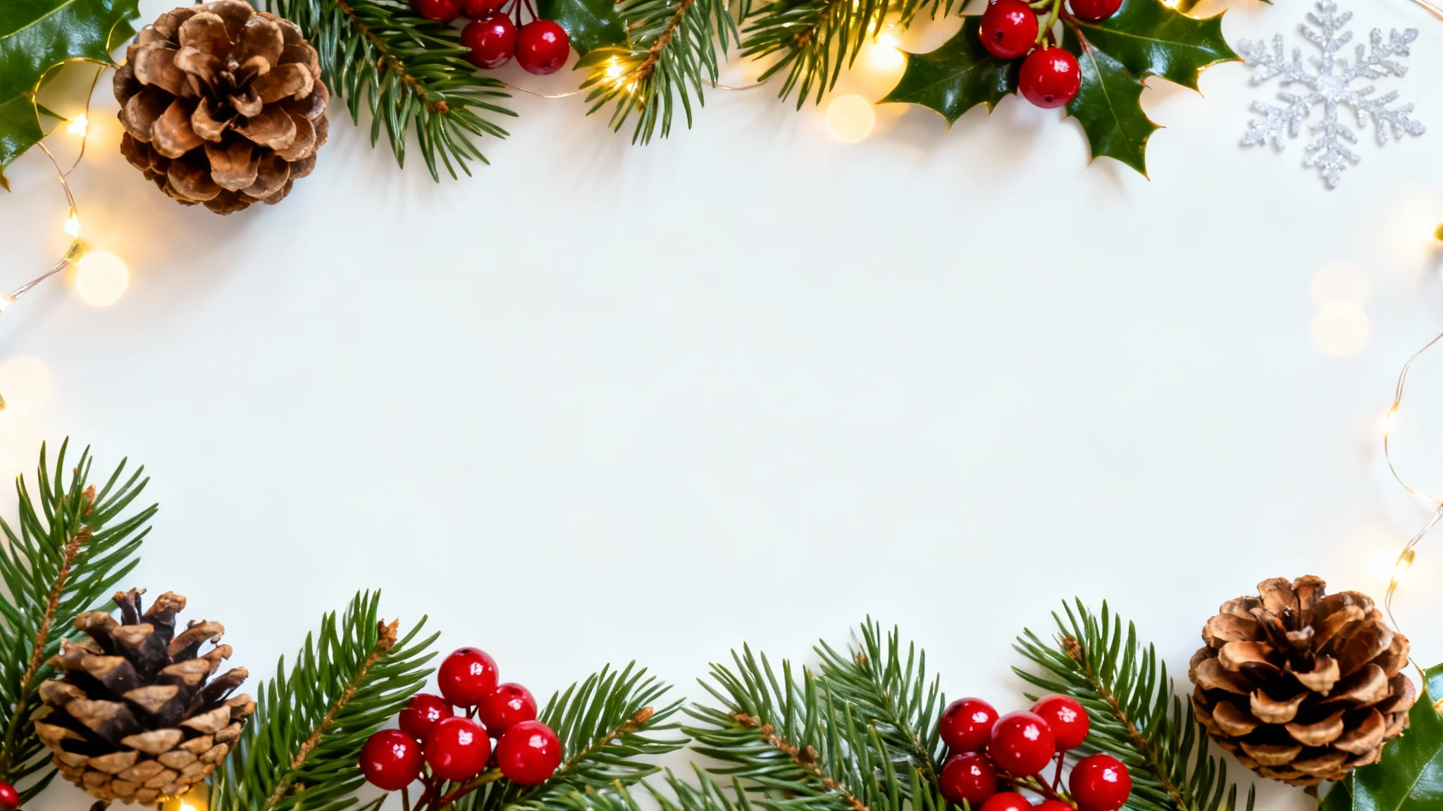 An elegant flat lay of a holiday card background, featuring pine branches, red berries, and pinecones arranged on a white surface with warm, glowing lights creating a festive border.