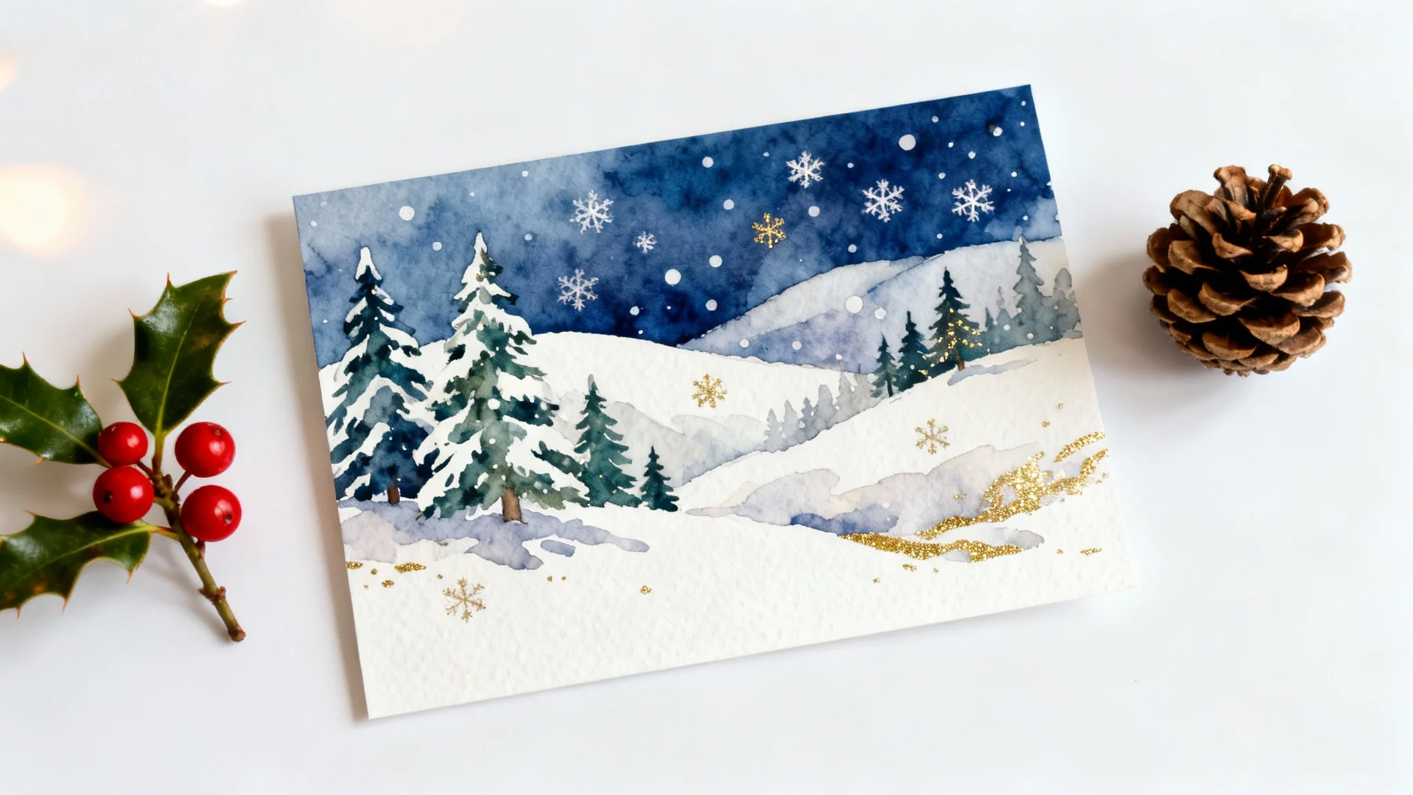A mockup of a holiday card with a beautiful watercolor winter scene background, placed on a clean white surface with a sprig of holly.