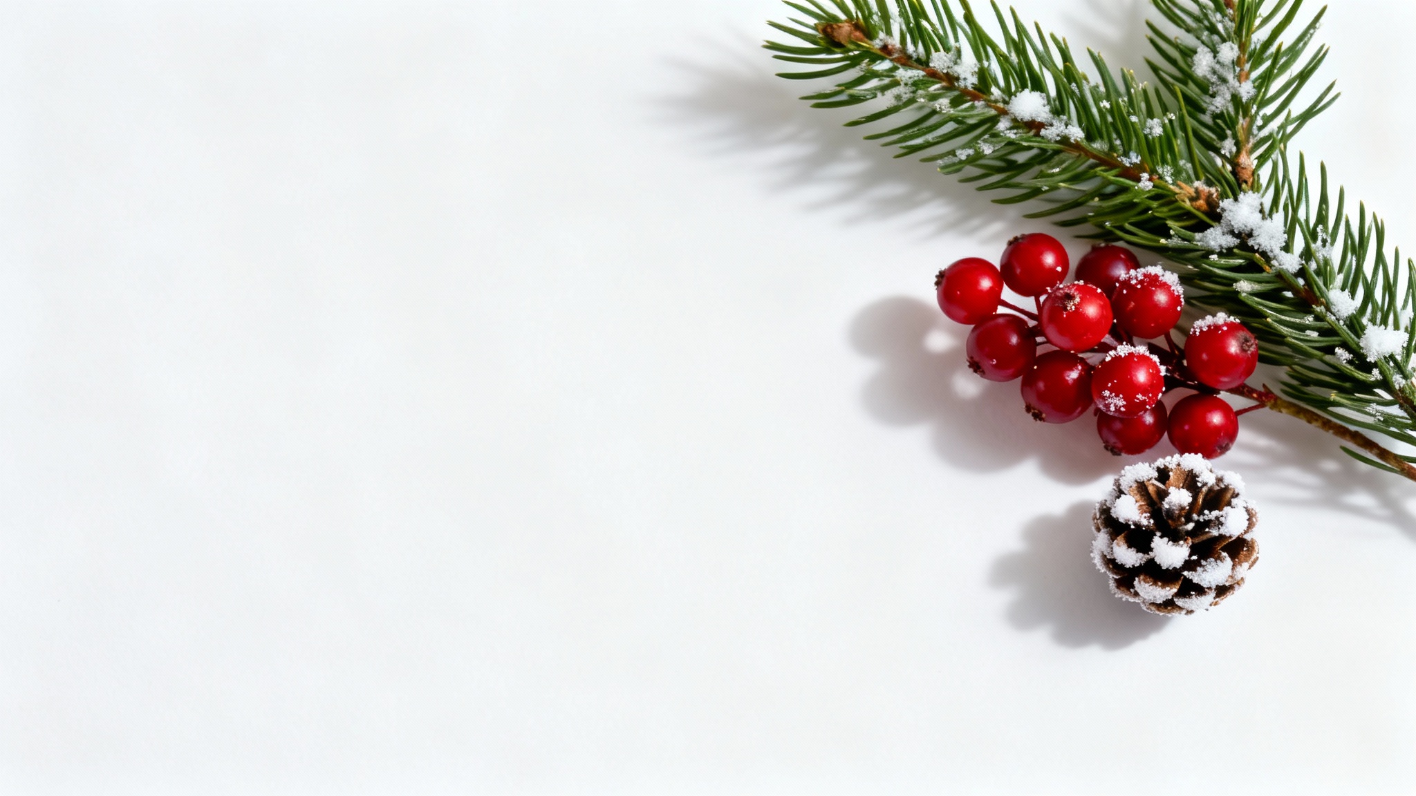 A minimalist holiday card background mockup showing a corner arrangement of a fir branch, red holly berries, and a small pinecone on a clean white surface.
