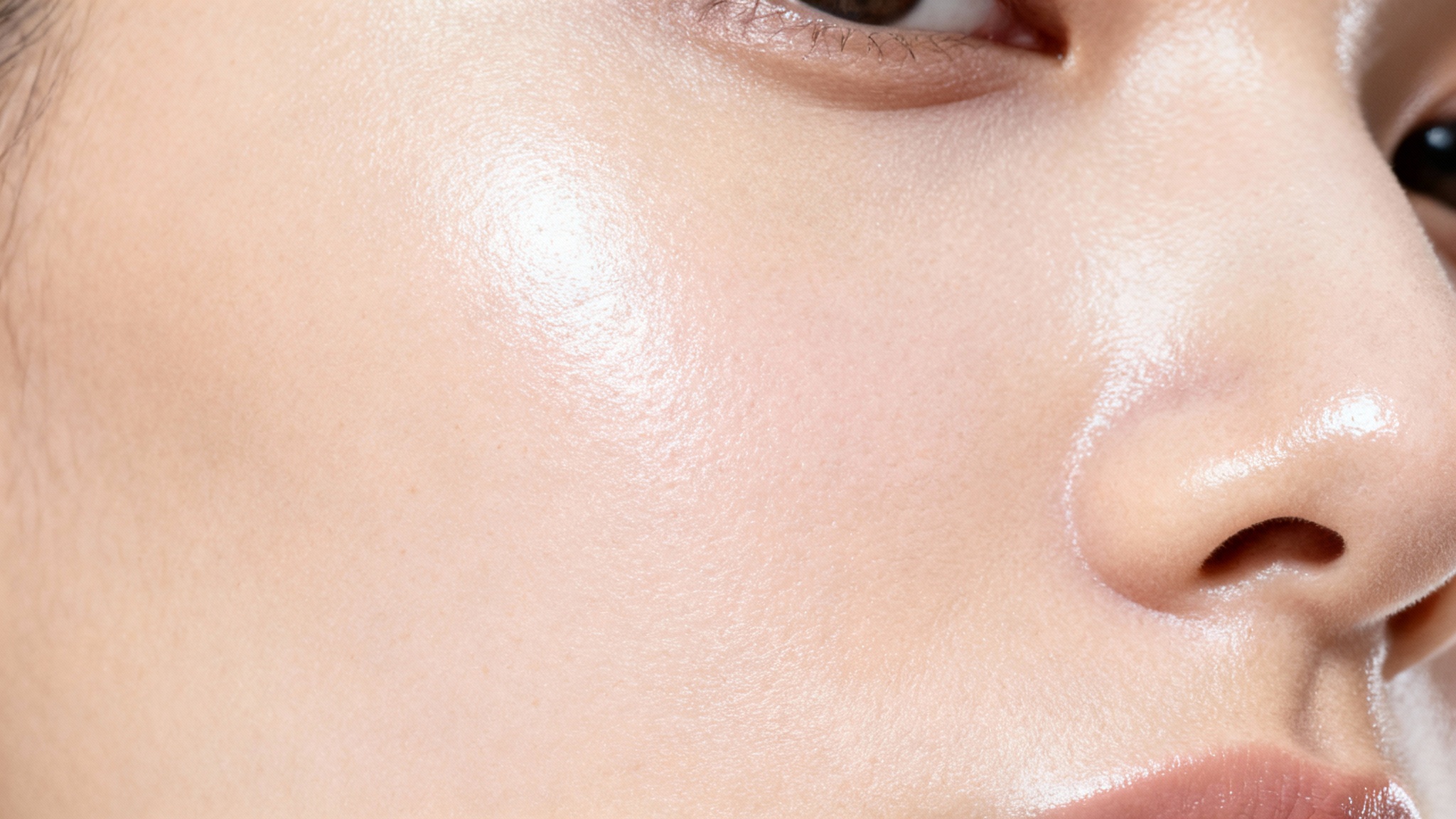 A hyper-realistic macro close-up of perfectly smooth human skin, glowing under soft light. The skin texture is flawless and dewy, with no visible pores or imperfections, resembling a high-end skincare advertisement.