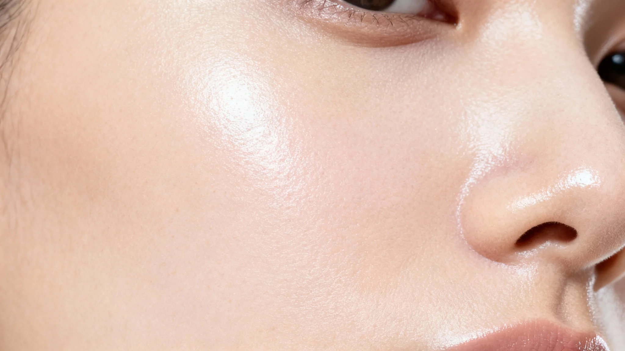A hyper-realistic macro close-up of perfectly smooth human skin, glowing under soft light. The skin texture is flawless and dewy, with no visible pores or imperfections, resembling a high-end skincare advertisement.