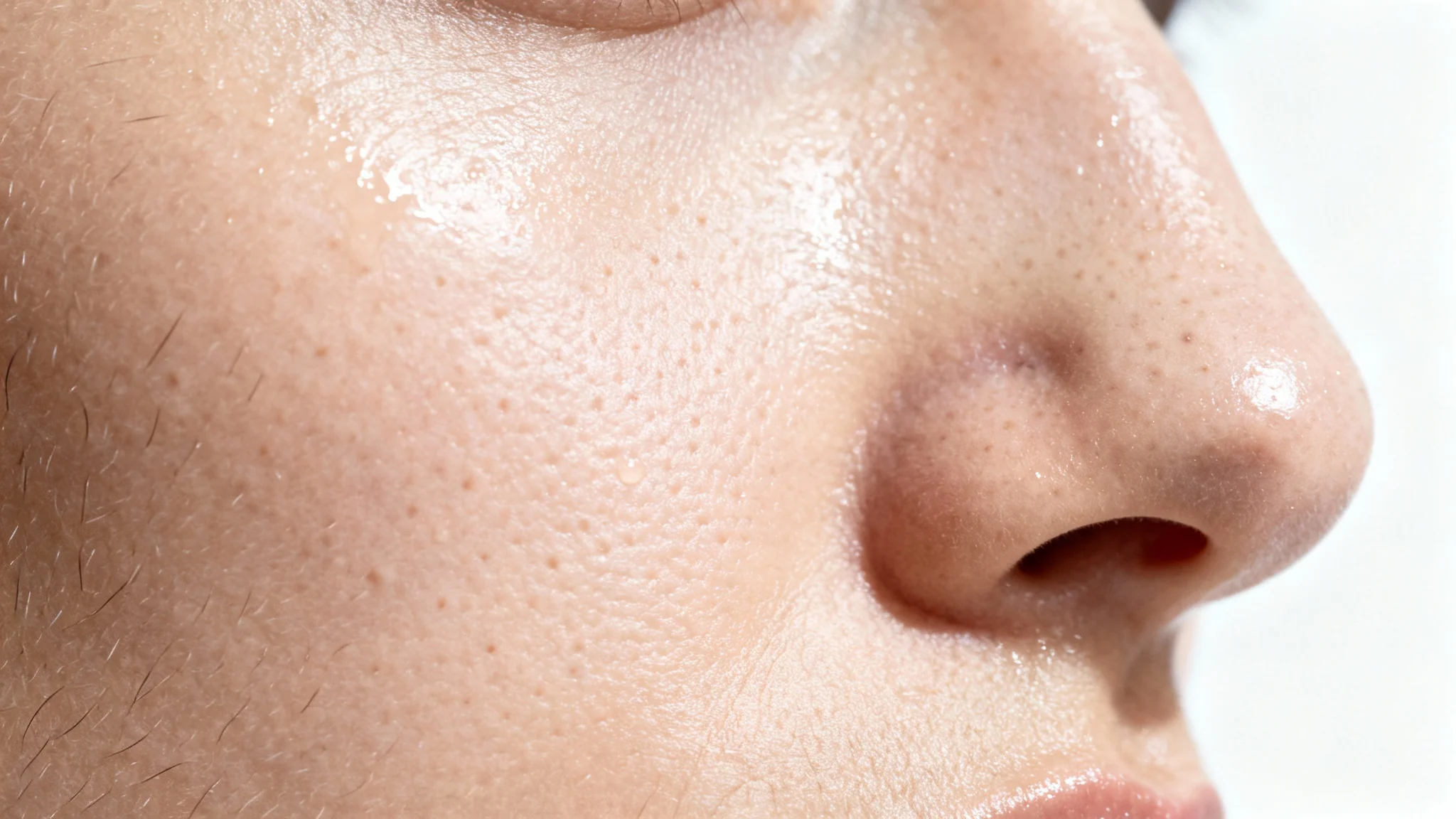 A hyper-realistic macro photograph of healthy human skin, showing extreme detail of pores and fine texture against a stark white background, illustrating a clean and clinical look.