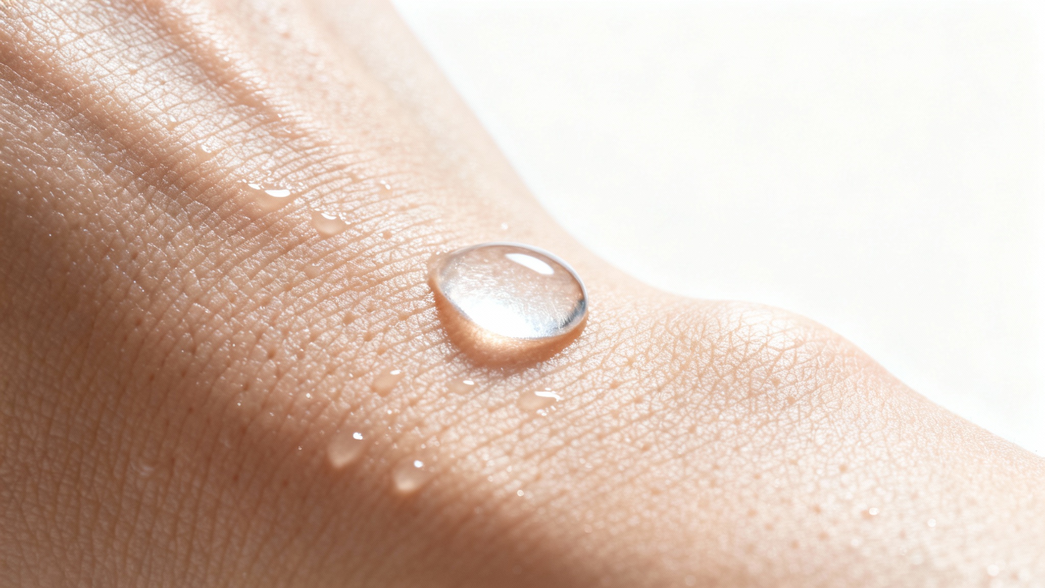 A hyper-realistic macro shot of healthy human skin texture, glowing and hydrated with a single water droplet on the surface, against a plain white background.