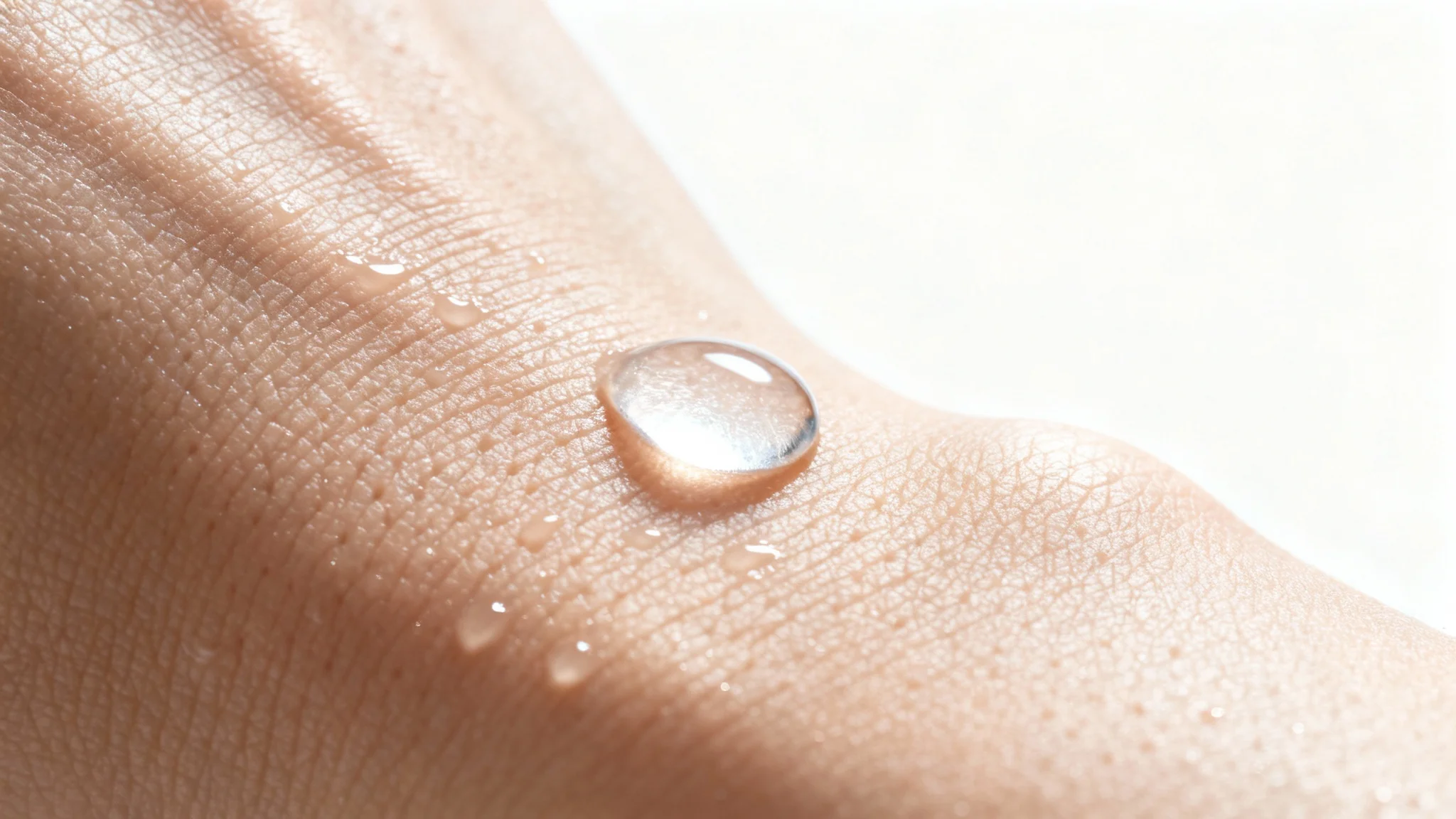 A hyper-realistic macro shot of healthy human skin texture, glowing and hydrated with a single water droplet on the surface, against a plain white background.