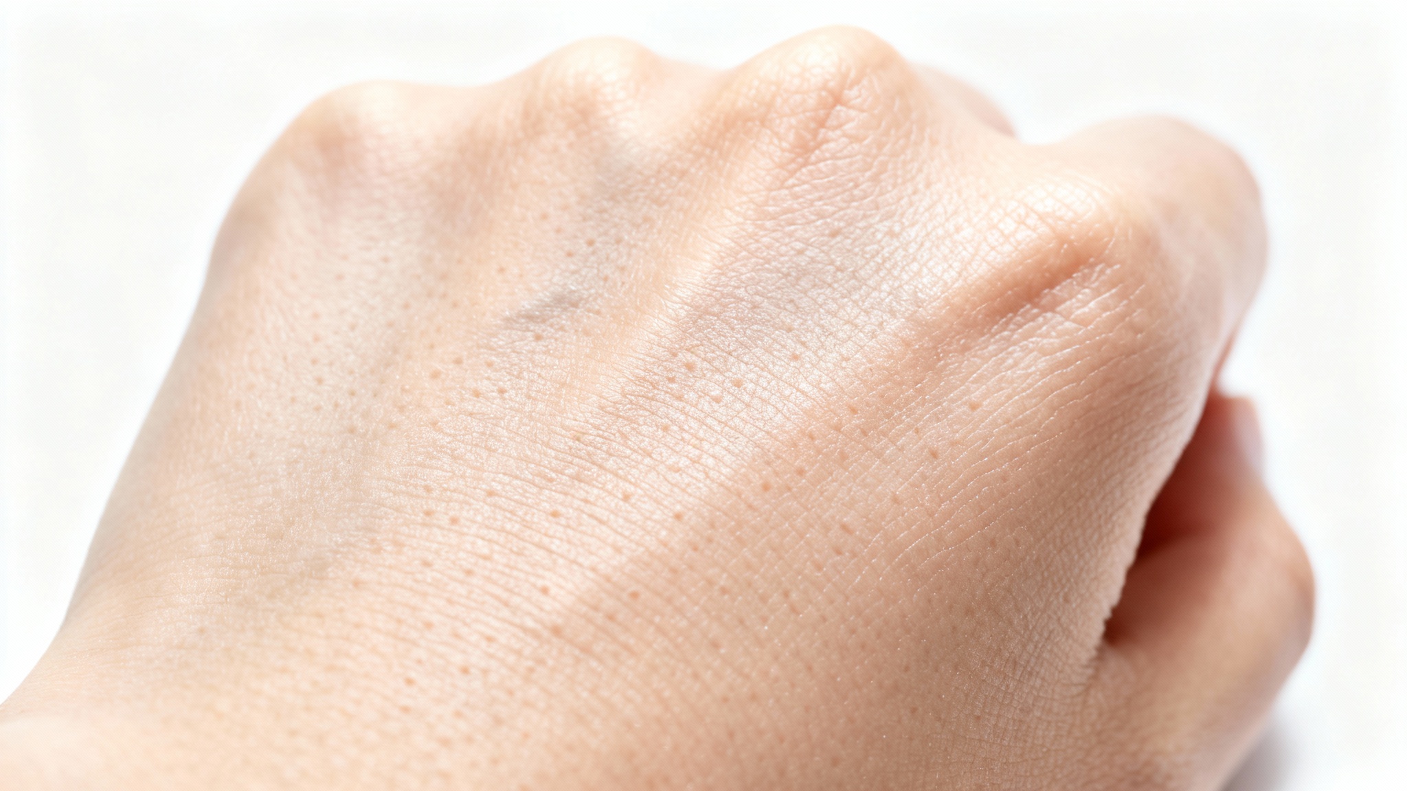 An extreme close-up, macro shot of human skin, revealing its detailed texture, pores, and a healthy sheen on a clean white background.