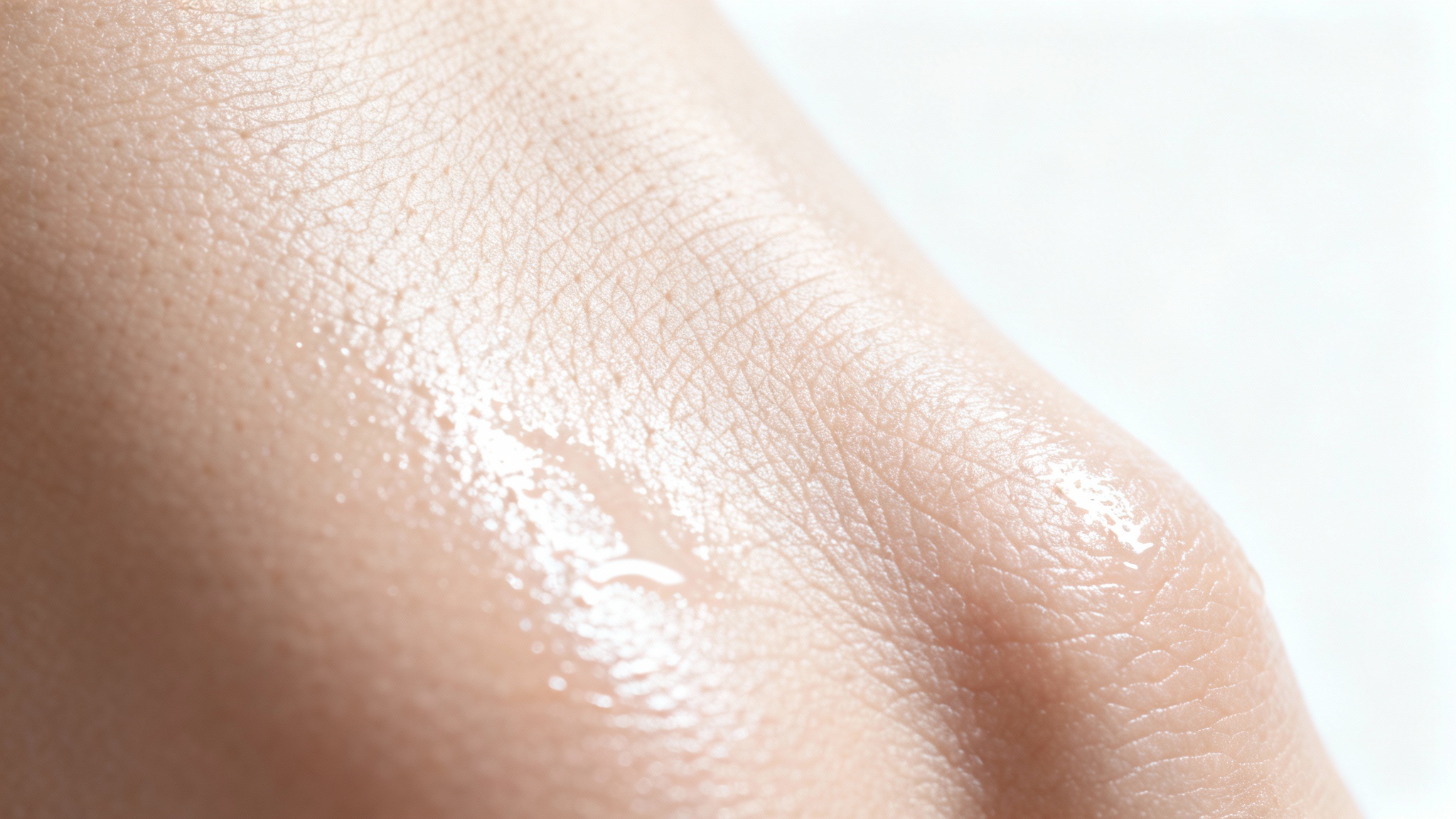 A hyper-realistic macro shot of healthy, smooth human skin texture, showing fine pores and a dewy glow against a clean white background.