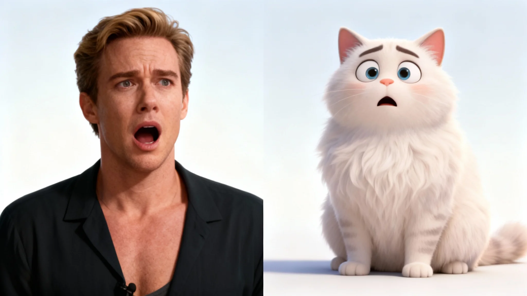 A face swap meme in a split-screen format. On the left, a man's body with a celebrity's shocked face. On the right, a cat's body with a cartoon character's confused face, demonstrating a meme face swap tool.
