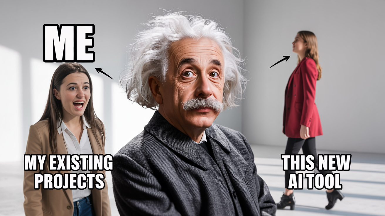 A mockup of the 'Distracted Boyfriend' meme used to illustrate a face swap. The boyfriend's face is swapped with Albert Einstein's, who is looking appreciatively at a woman in a red dress, while his girlfriend looks on in shock. Text labels the characters as 'Me', 'My existing projects', and 'This new AI tool'.