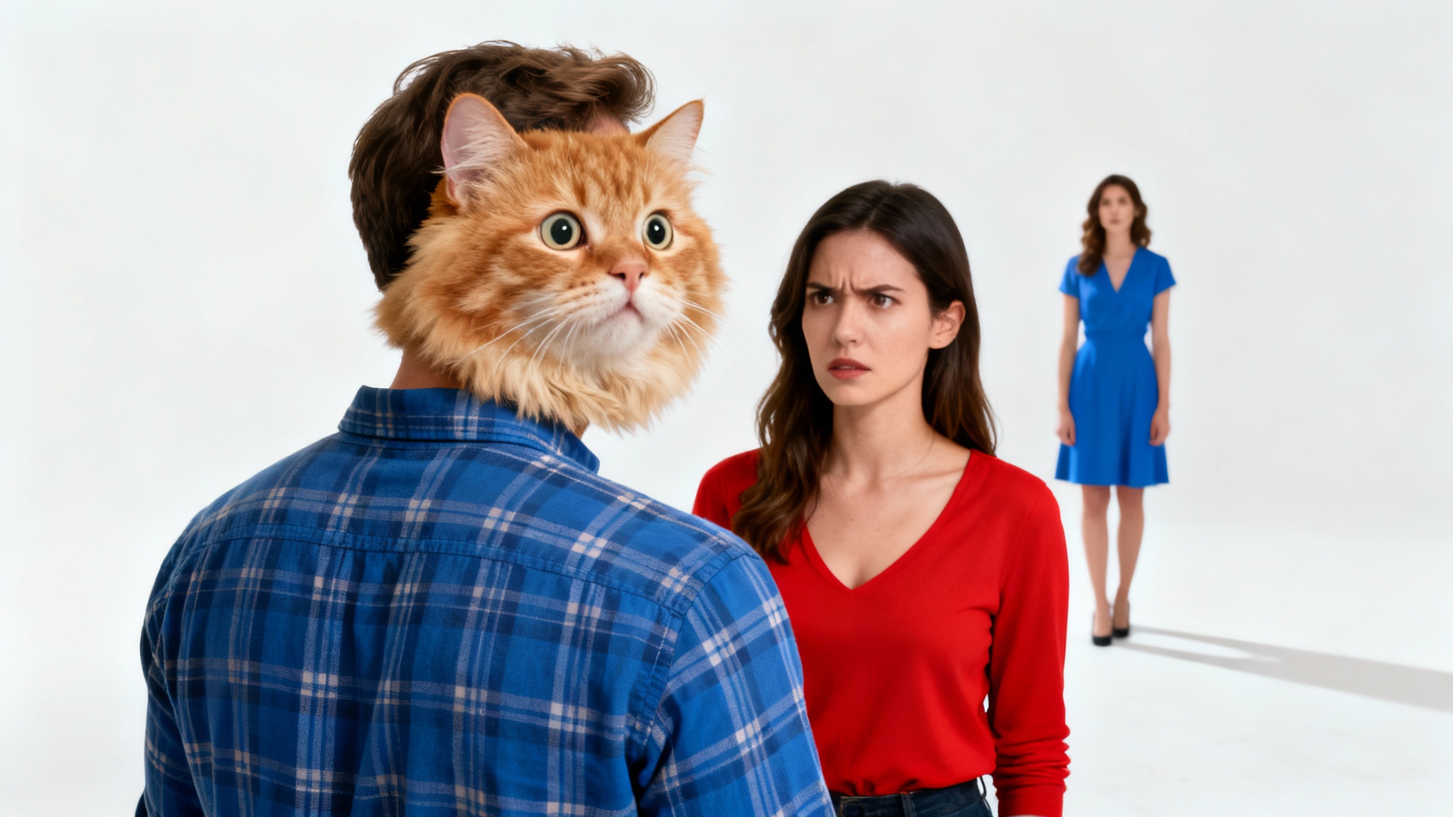 A humorous photo based on the 'Distracted Boyfriend' meme where the man's face has been replaced by the face of a surprised cat, demonstrating a meme face swap feature.