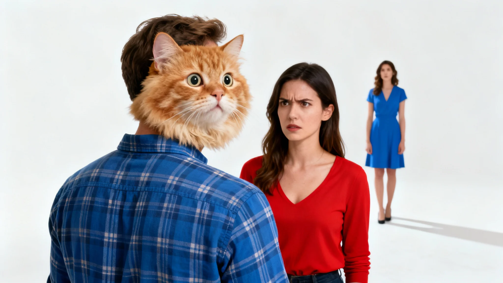 A humorous photo based on the 'Distracted Boyfriend' meme where the man's face has been replaced by the face of a surprised cat, demonstrating a meme face swap feature.