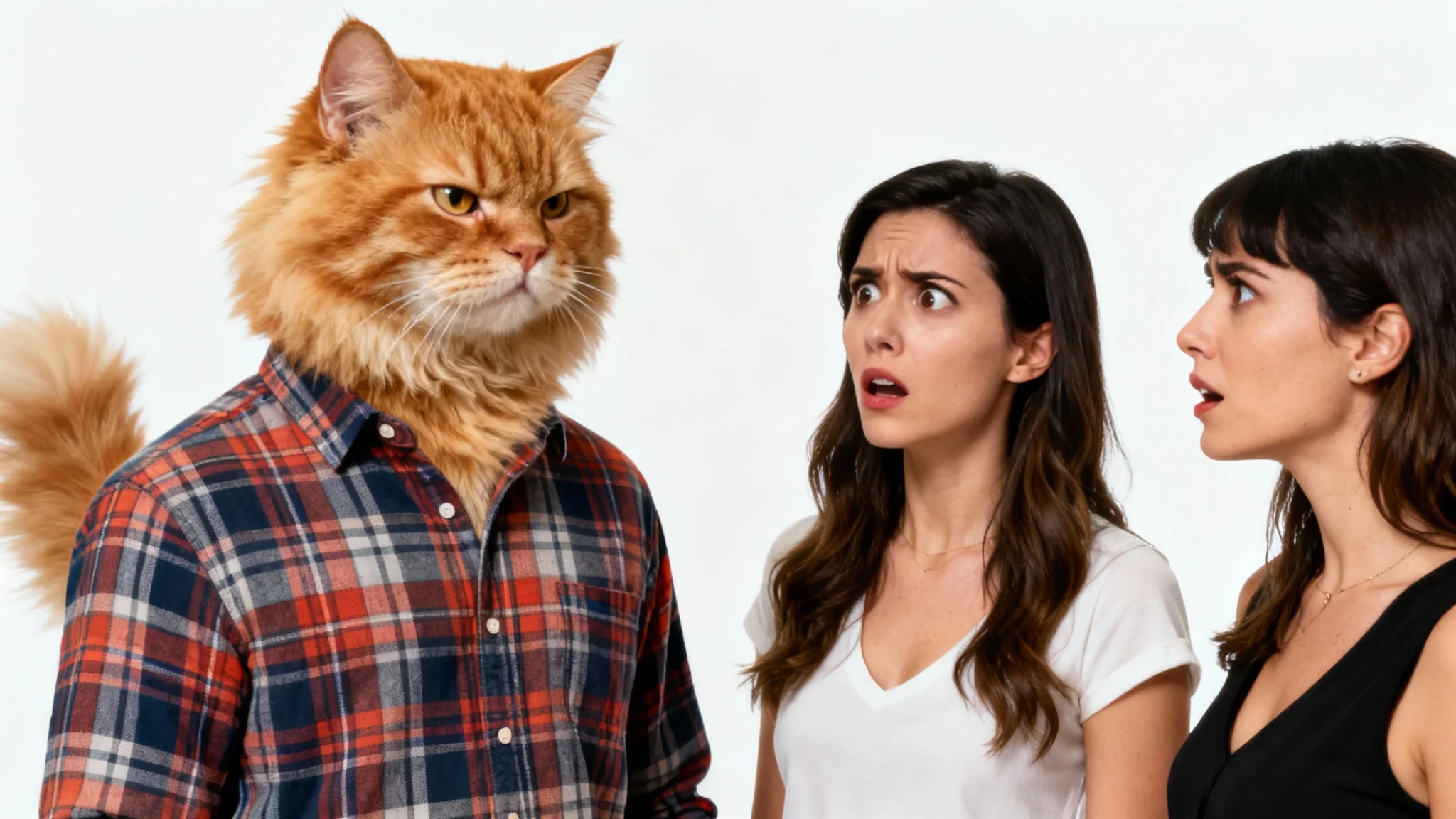 A humorous depiction of the 'Distracted Boyfriend' meme where the man's face has been seamlessly replaced with the face of a grumpy cat, illustrating a meme face swap.