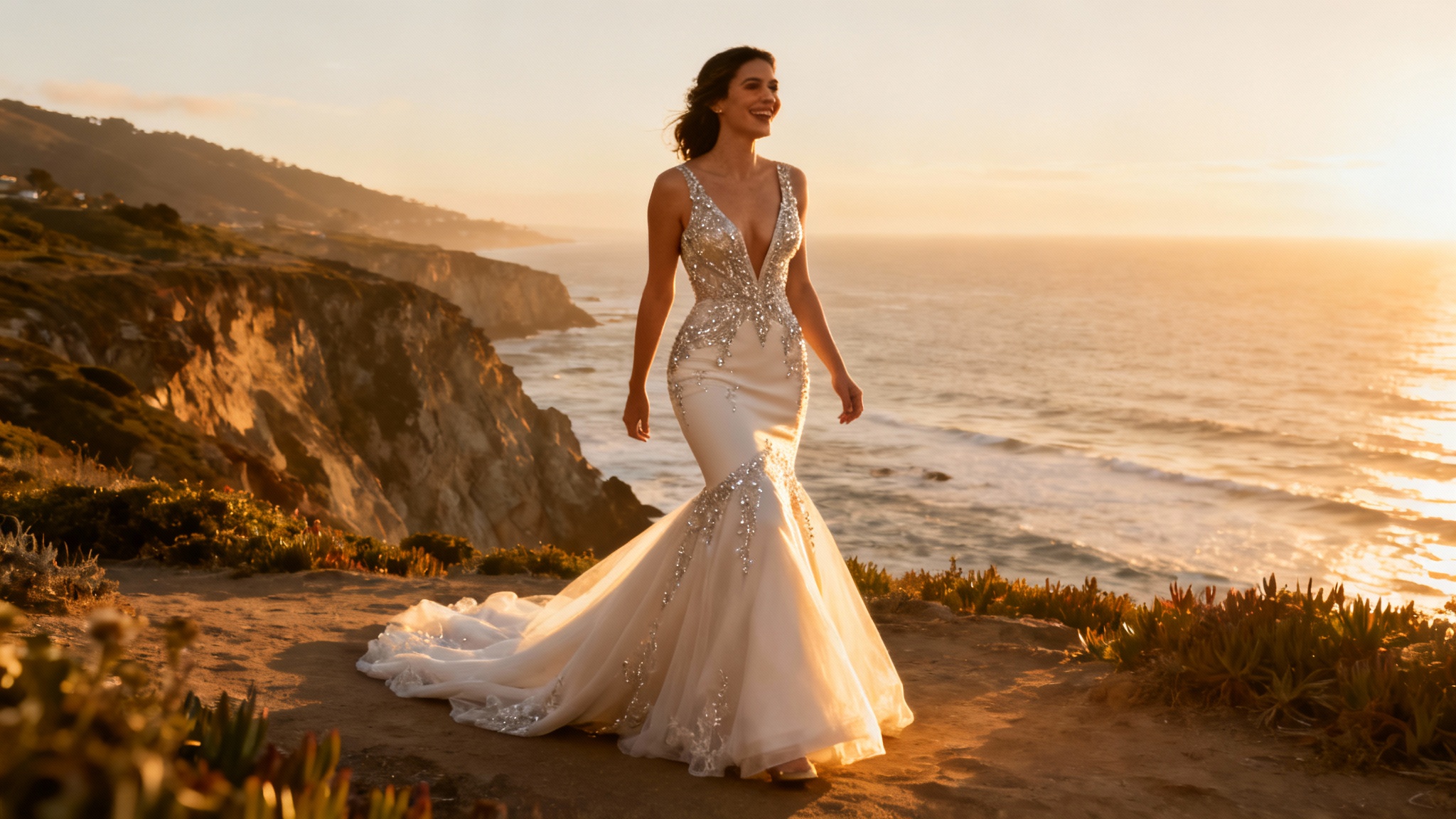 A beautiful bride in a modern mermaid-style wedding dress smiles as she stands on a cliff overlooking the ocean at sunset, creating a stunning and romantic hero image.