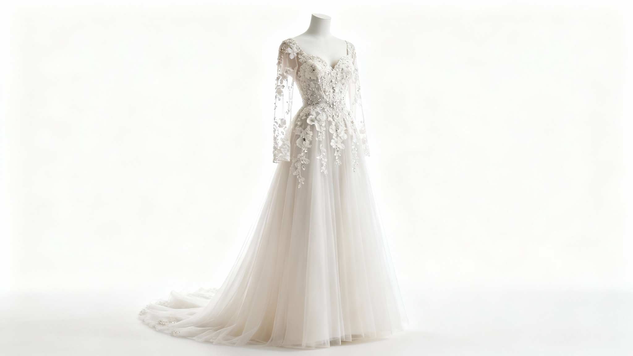 An elegant, modern A-line wedding dress with a floral lace bodice and a long tulle skirt, professionally photographed against a clean white background.