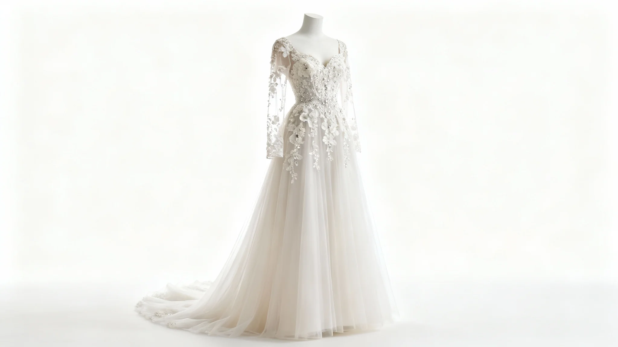 An elegant, modern A-line wedding dress with a floral lace bodice and a long tulle skirt, professionally photographed against a clean white background.
