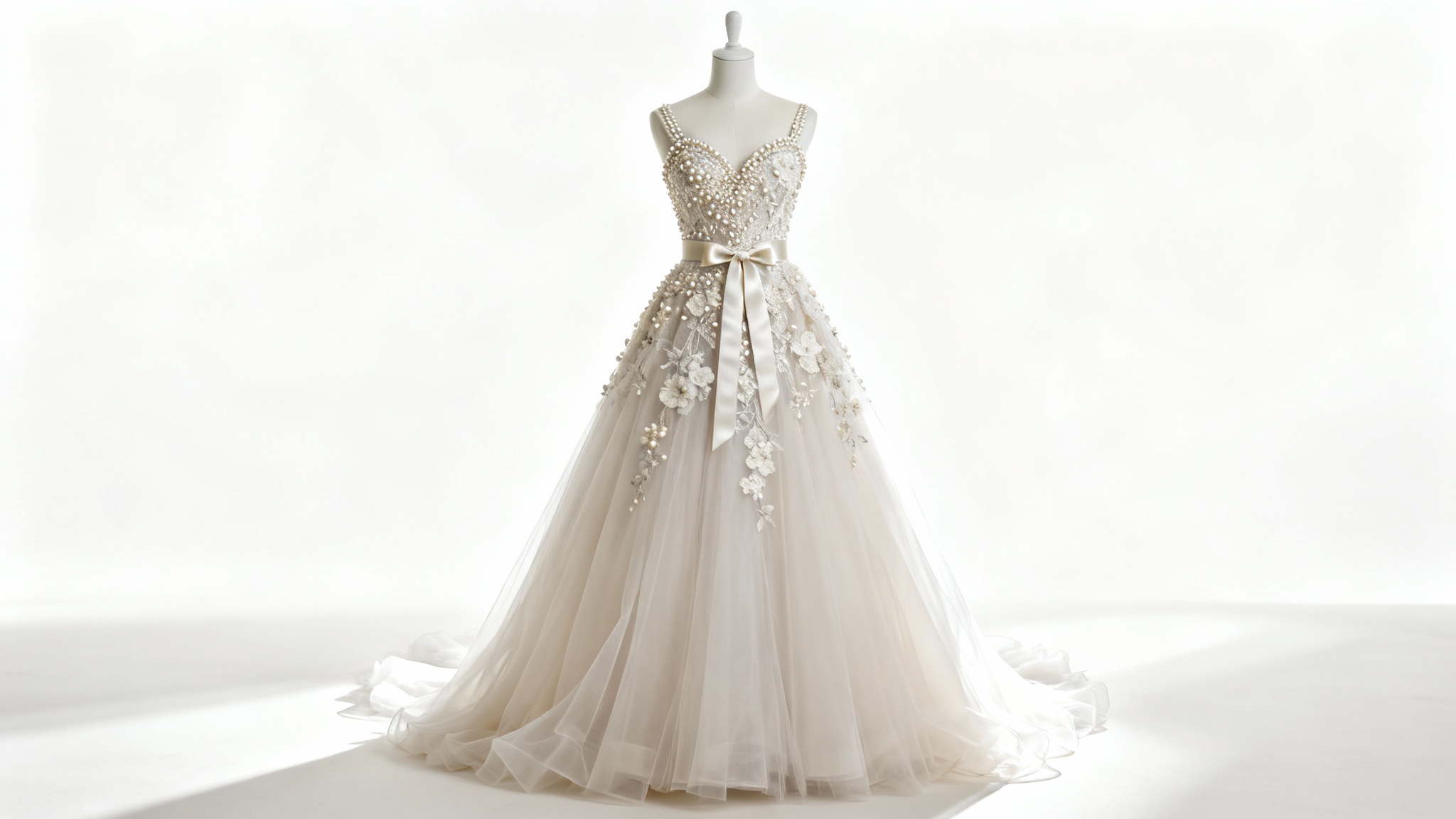 An elegant A-line wedding dress with a detailed pearl and lace bodice and a flowing tulle skirt, displayed on an invisible mannequin against a stark white background.