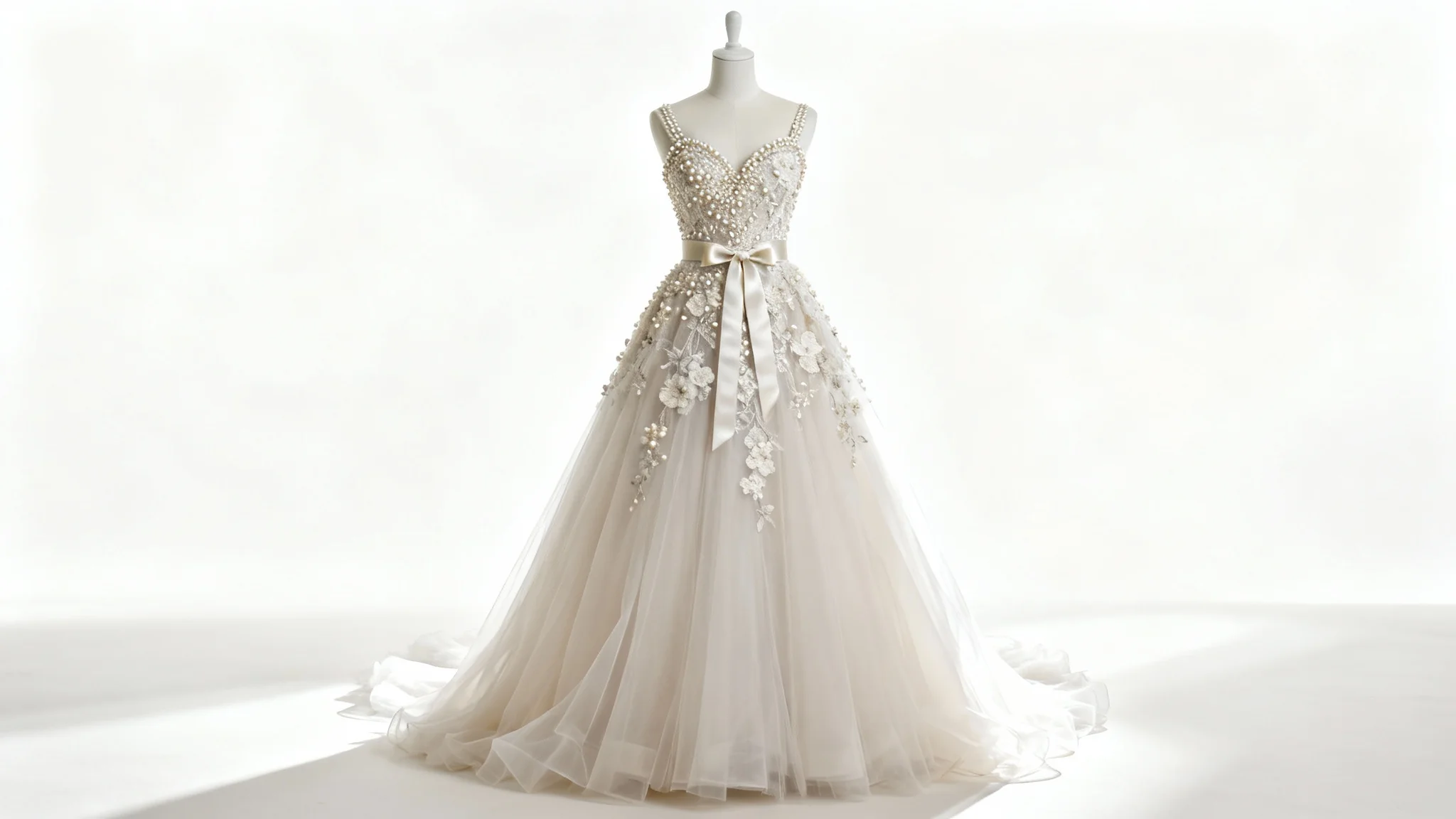 An elegant A-line wedding dress with a detailed pearl and lace bodice and a flowing tulle skirt, displayed on an invisible mannequin against a stark white background.