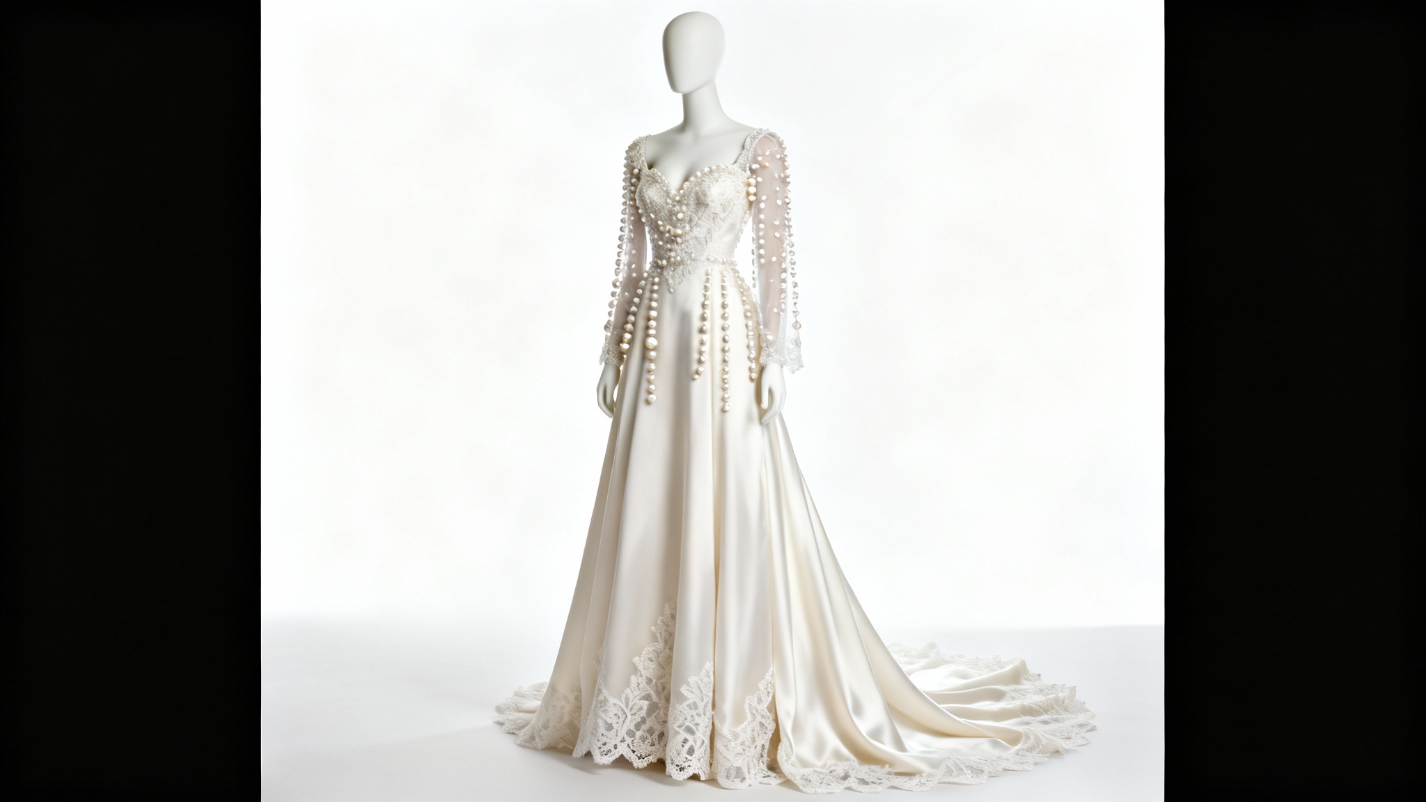 A beautiful A-line wedding dress with a beaded lace bodice and long sleeves, displayed on a mannequin against a plain white background.